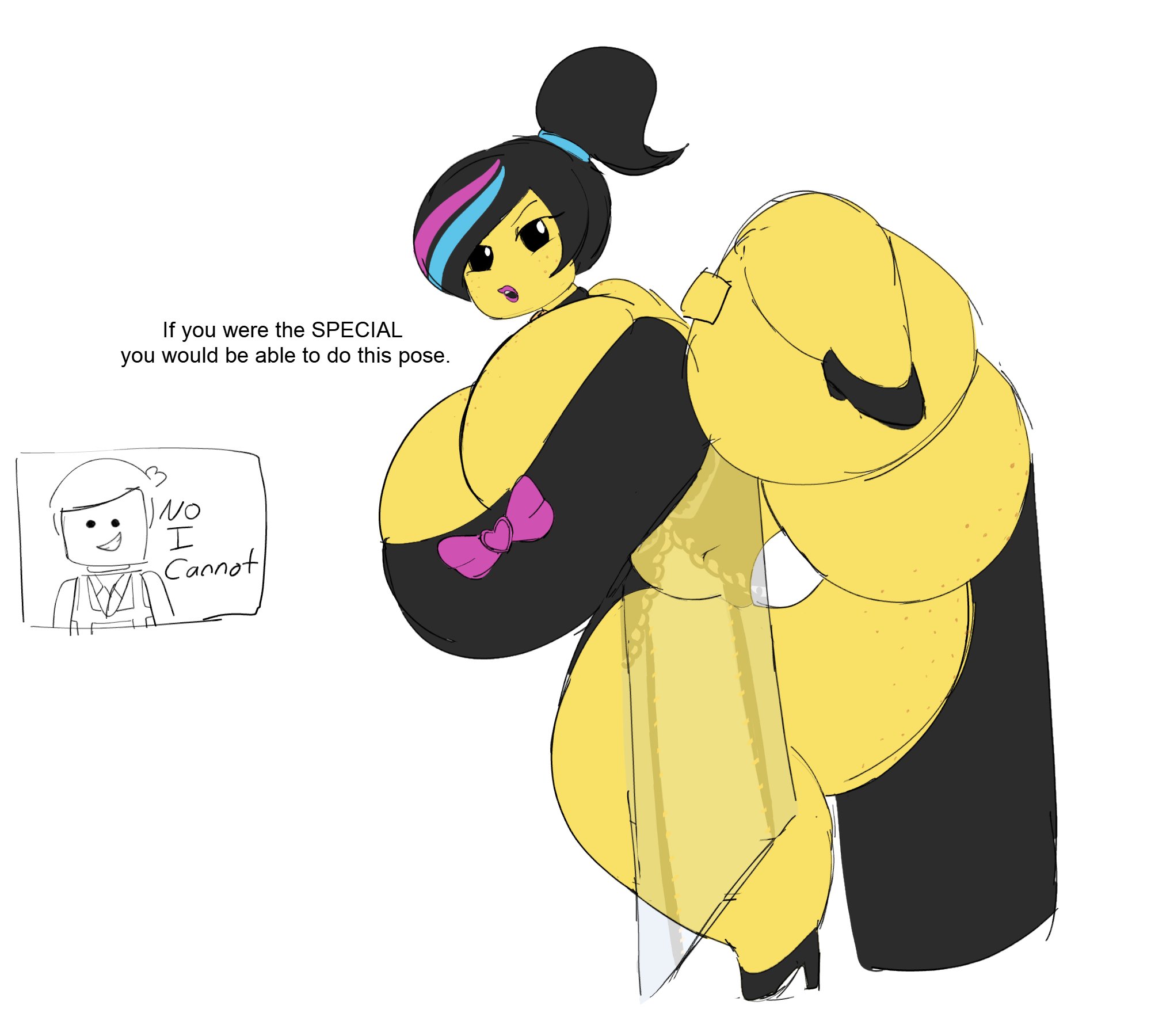 1girls, allagainstyou, black hair, breasts, colored skin, dress, gigantic breasts, huge ass, huge breasts, lego, lifting leg, pose, streaked hair, text, the lego movie, thick thighs, transparent, transparent clothing, wyldstyle, yellow body, yellow skin