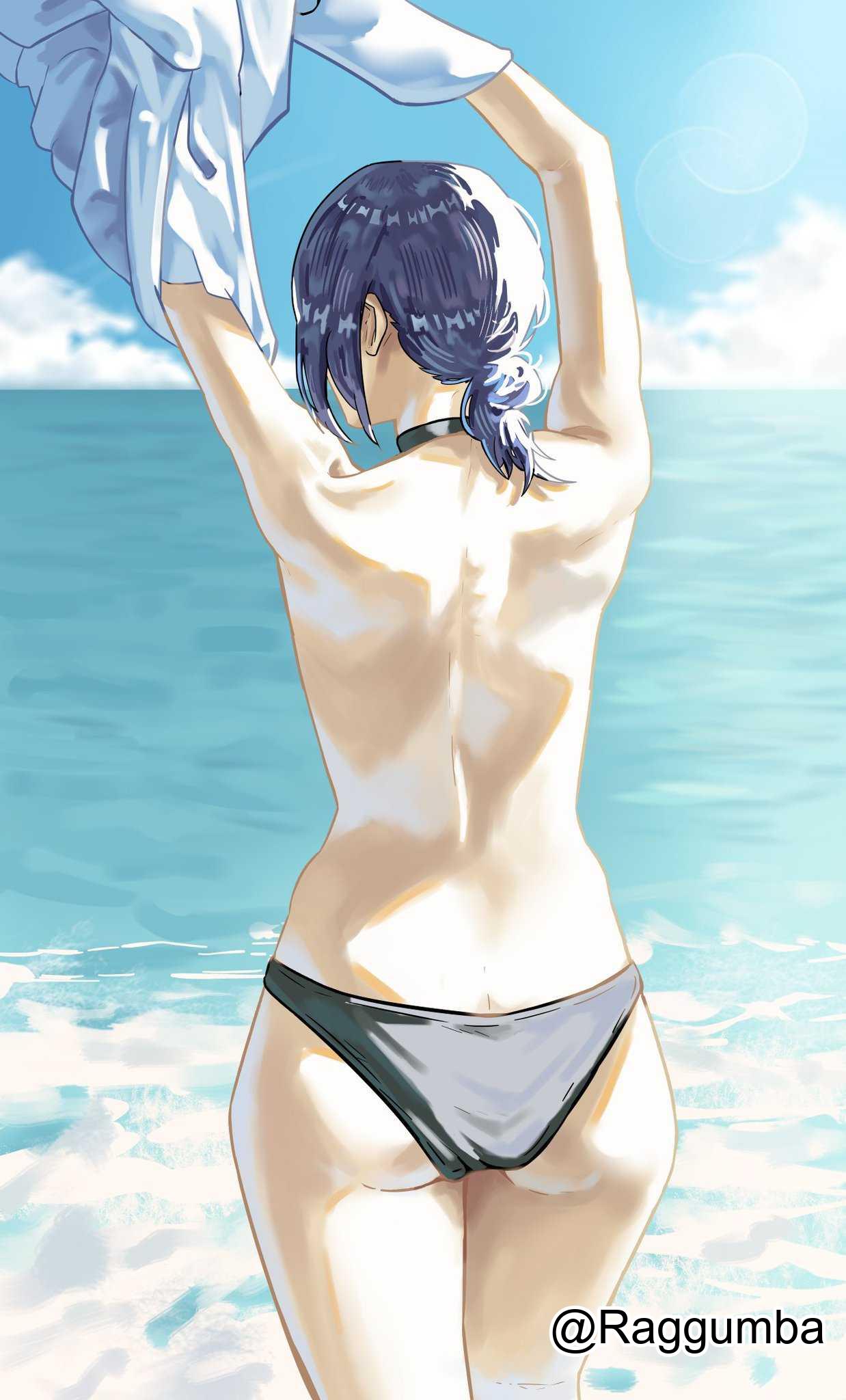 1girls, 2d, 2d (artwork), 2d artwork, almost naked, almost nude, arm above head, arm up, arms above head, arms up, ass, back, bare arms, bare back, bare hips, bare legs, bare shoulders, bare skin, bare thighs, bikini, bikini bottom, bikini only, black bikini, black bikini bottom, black choker, black hair, black swimsuit, black swimwear, black-haired female, blue sky, chainsaw man, choker, clouds, curvaceous, curvaceous body, curvaceous female, curvaceous figure, curvaceous hips, curvy, curvy body, curvy female, curvy figure, curvy hips, day, daylight, daytime, digital, digital art, digital drawing, digital drawing (artwork), digital media, digital media (artwork), elbows, exposed arms, exposed back, exposed hips, exposed legs, exposed shoulders, exposed skin, exposed thighs, female, female focus, female only, gluteal fold, hand above head, hand up, hands above head, hands up, high resolution, highres, hip dips, lean figure, legs closed, legs together, long hair, median furrow, mostly nude, naked, naked female, naked woman, narrow waist, nearly nude, nude, nude female, nudity, outdoor, outdoor nudity, outdoors, outside, ponytail, practically nude, raggumba, reze (chainsaw man), shoulder blades, shoulders, sidelocks, sky, slender body, slender waist, slim waist, solo, standing, swimsuit, swimwear, thick thighs, thighs, thighs together, topless, topless female, undressing, undressing self, upper body, wide hips