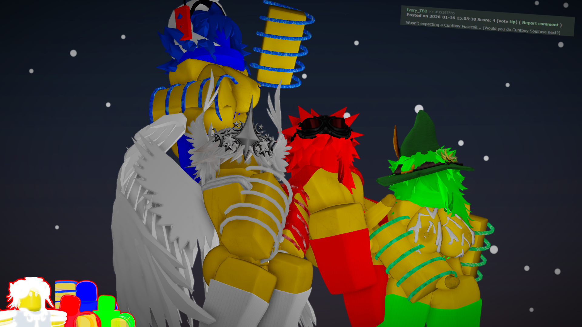 2boys, 2girls, 3d, 3d (artwork), areolae, arrymix, ass, breasts, cum, cum on breasts, cuntboy, futanari, nipples, penis, reference image, request, roblox, roblox game, robloxian, rule 34 comment, self upload, soul of gravity (the battle bricks), soul of regen (the battle bricks), soul of speed (the battle bricks), soulfuse (the battle bricks), tagme, the battle bricks, thighs