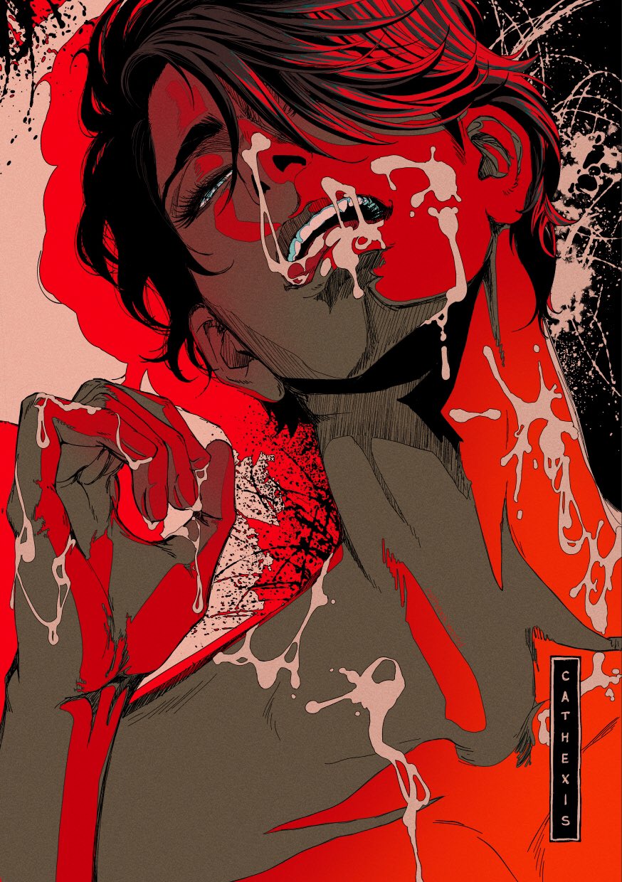 1boy, abstract background, artist name, blue eyes, bukkake, cathexis art, close up, cum, cum in mouth, cum on face, cute male, gay, long eyelashes, looking at viewer, male, medium hair, nude, one eye obstructed, tongue