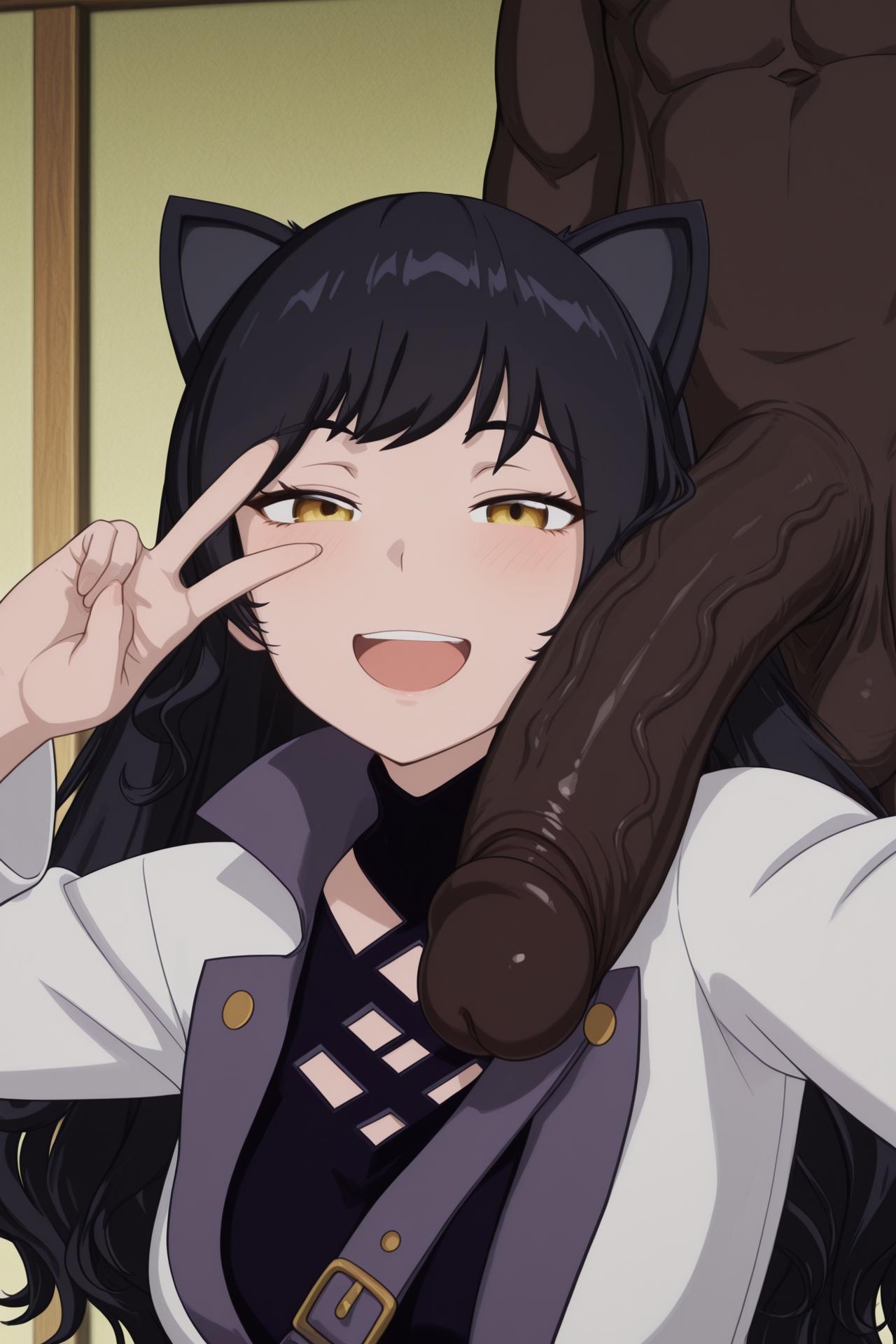 :d, 1boy, abs, ai generated, animal ears, belt, black hair, black shirt, blake belladonna, blush, breasts, cat ears, cat girl, clothed female nude male, coat, dark penis, dark skin, dark-skinned male, erection, female, hand up, huge cock, indoors, interracial, jacket, kuro ai, large penis, long hair, long sleeves, looking at penis, looking at viewer, medium breasts, muscular, netorare, nude, open clothes, open jacket, open mouth, outstretched arm, penis, penis on face, rwby, selfie, shirt, smile, solo focus, straight, teeth, testicles, uncensored, upper body, upper teeth only, v, v over eye, veins, veiny penis, very dark skin, viz media, wavy hair, white coat, white jacket, yellow eyes