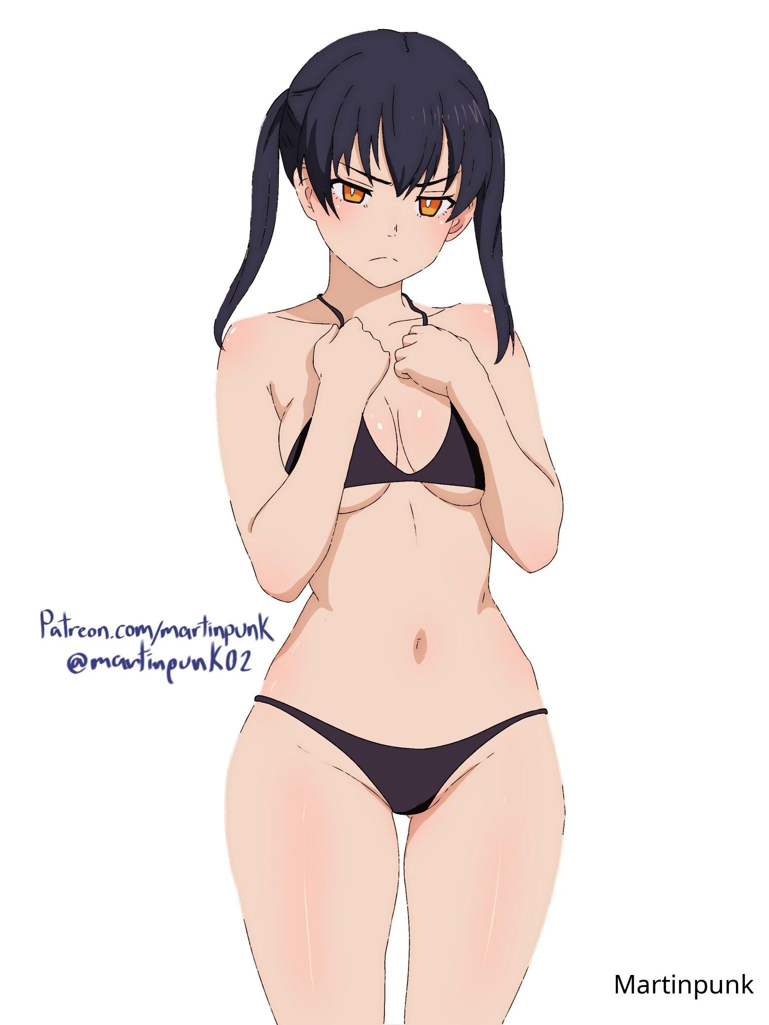 1girls, 2d, 2d (artwork), 2d artwork, almost naked, almost nude, bare arms, bare belly, bare chest, bare hands, bare hips, bare legs, bare midriff, bare navel, bare shoulders, bare skin, bare thighs, belly, belly button, bikini, bikini bottom, bikini only, bikini top, black bikini, black bikini bottom, black bikini top, black hair, black swimsuit, black swimwear, black-haired female, breasts, busty, busty female, busty girl, busty teen, cleavage, collarbone, covering, covering breasts, covering chest, covering nipples, covering self, curvaceous, curvaceous body, curvaceous female, curvaceous figure, curvaceous hips, curvaceous teen, curvy, curvy body, curvy female, curvy figure, curvy hips, curvy teen, digital, digital art, digital drawing, digital drawing (artwork), digital media, digital media (artwork), elbows, en'en no shouboutai, enen no shouboutai, exposed arms, exposed belly, exposed chest, exposed hips, exposed legs, exposed midriff, exposed navel, exposed shoulders, exposed skin, exposed thighs, female, female focus, female only, fingers, fire force, frown, frown eyebrows, frowning, frowning at viewer, groin, hair between eyes, halterneck, hiding breasts, high resolution, highres, hip dips, hourglass figure, inguinal crease, inguinal ligament, kotatsu tamaki, lean figure, linea alba, long hair, looking at viewer, martinpunk, midriff, mostly nude, naked, naked female, naked woman, narrow waist, navel, nearly nude, nude, nude female, nudity, orange eyes, orange-eyed female, practically nude, shiny breasts, shiny legs, shiny shoulders, shiny skin, shiny thighs, shoulders, simple background, slender body, slender waist, slim waist, solo, standing, stomach, string bikini, swimsuit, swimwear, teen girl, teenage girl, teenage tits, teenager, thick thighs, thigh gap, thighs, twintails, twintails (hairstyle), upper body, white background, white pupils, wide hips, young female, young woman