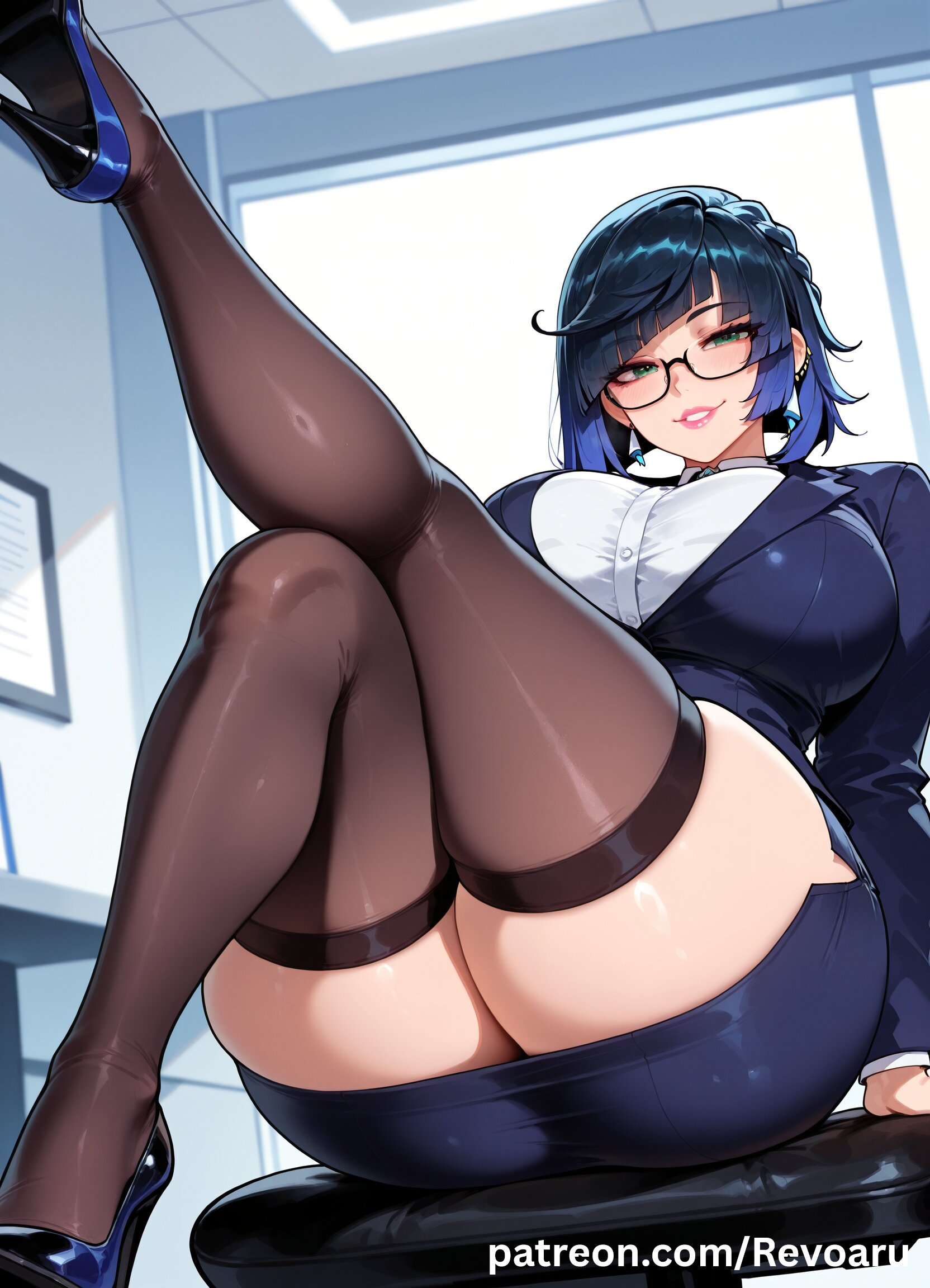 ai generated, big breasts, blue hair, breasts, female, female only, genshin impact, huge breasts, mature, mature female, mihoyo, office, office clothing, office lady, quality, revoaru, solo, thick thighs, thighs, yelan (genshin impact)