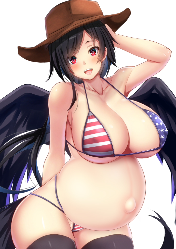 american flag bikini, arm up, big breasts, bikini, black hair, black legwear, black thighhighs, breasts, cleavage, cowboy hat, cowboy shot, ebi 193, feathered wings, female, female only, hand on head, hat, huge breasts, looking at viewer, nipple bulge, open mouth, pregnant, red eyes, saki kurokoma, smile, solo, swimsuit, tail, thighhighs, third-party edit, touhou, wide hips, wings