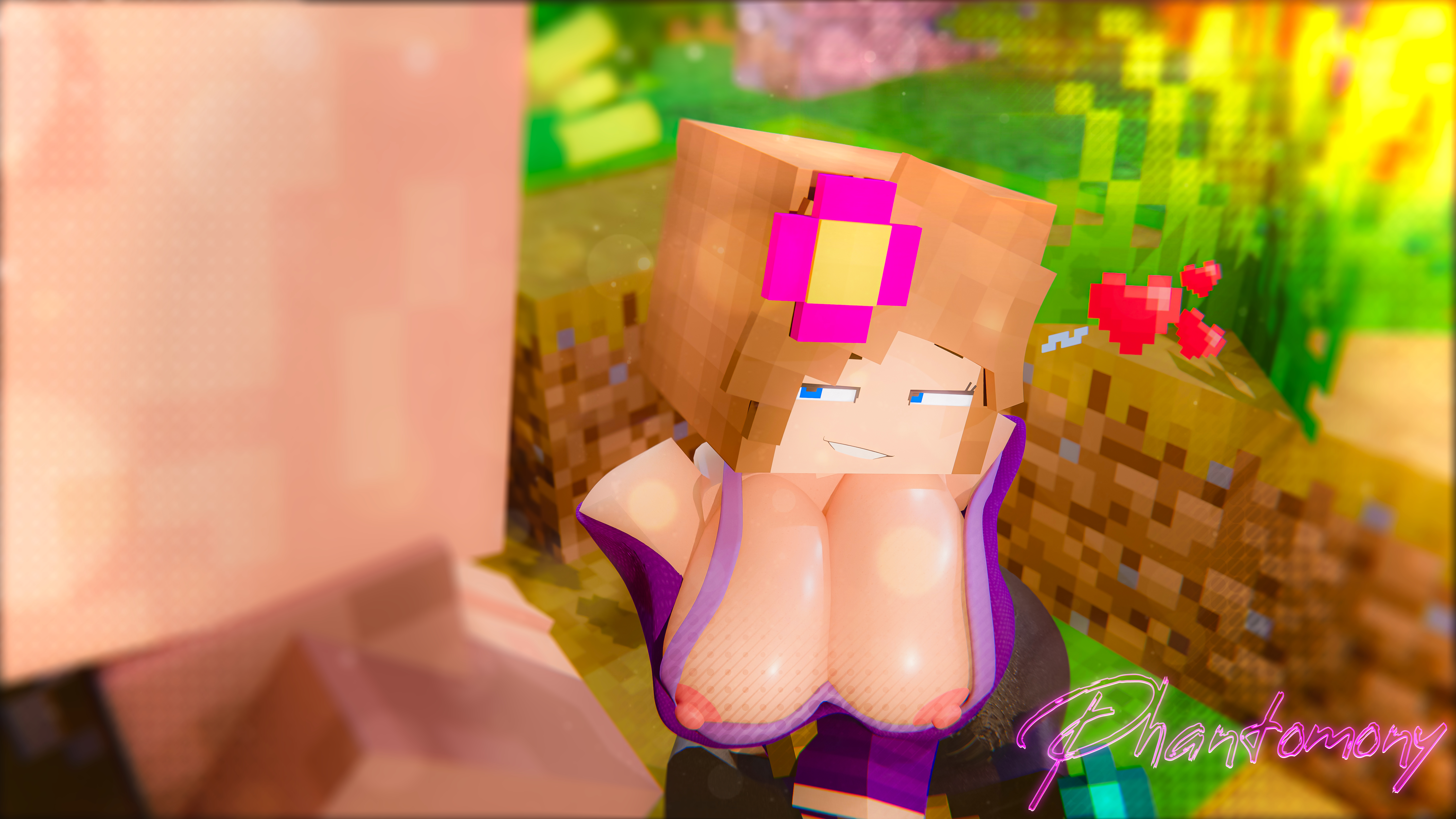1boy, 1female, 1girls, 1male, big breasts, black legwear, blue eyes, brown hair, exposed nipples, female, grass, grass plain, heart, horny, jenny belle (slipperyt), large breasts, mcyt, minecraft, minecraft xxx, minecraft youtubers, nipples, nipples outside, phantomony, pink bow, pink nipples, purple shirt, smirk, smirking, smirking at another, twitch, twitch streamer, twitch.tv, twitter, twitter username, villager (minecraft), white skin, youtube, youtuber, youtubers