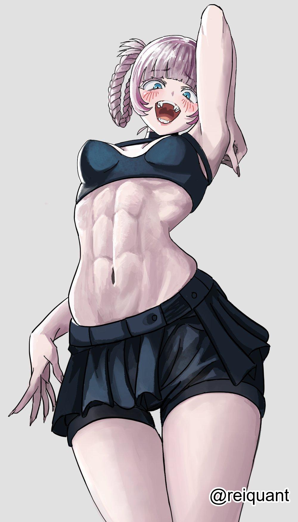 1girls, 2d, 2d (artwork), 2d artwork, abs, adult, adult female, armpit, armpit crease, armpit focus, armpit peek, armpits, bare armpits, bare arms, bare belly, bare hands, bare legs, bare midriff, bare navel, bare skin, belly, belly button, black fingernails, black nail polish, black nails, black skirt, blue eyes, blue-eyed female, blunt bangs, blush, blush face, blushing at viewer, blushing female, blushing lines, breasts, breasts apart, curvaceous, curvaceous body, curvaceous female, curvaceous figure, curvaceous hips, curvy, curvy body, curvy female, curvy figure, curvy hips, digital, digital art, digital drawing, digital drawing (artwork), digital media, digital media (artwork), elbows, exposed armpits, exposed arms, exposed belly, exposed legs, exposed midriff, exposed navel, exposed skin, eyebrows visible through hair, female, female focus, female only, female torso, fingernails, fingers, grey background, grey eyebrows, grey hair, grey-haired female, hairless armpits, head tilt, high resolution, highres, hip dips, lean figure, looking at viewer, mature, mature female, midriff, muscular, muscular female, nail polish, nails, nanakusa nazuna, narrow waist, navel, nipple bulge, open mouth, open mouth smile, parted lips, posing, posing for the viewer, presenting armpit, reiquant, shaved armpits, short hair, simple background, skirt, slender body, slender waist, slim waist, small breast, small breasts, smile, smiley face, smiling, smiling at viewer, solo, standing, stomach, thigh gap, thighs, tilted head, tiny breasts, tongue, upper body, upper teeth, white background, wide hips, yofukashi no uta