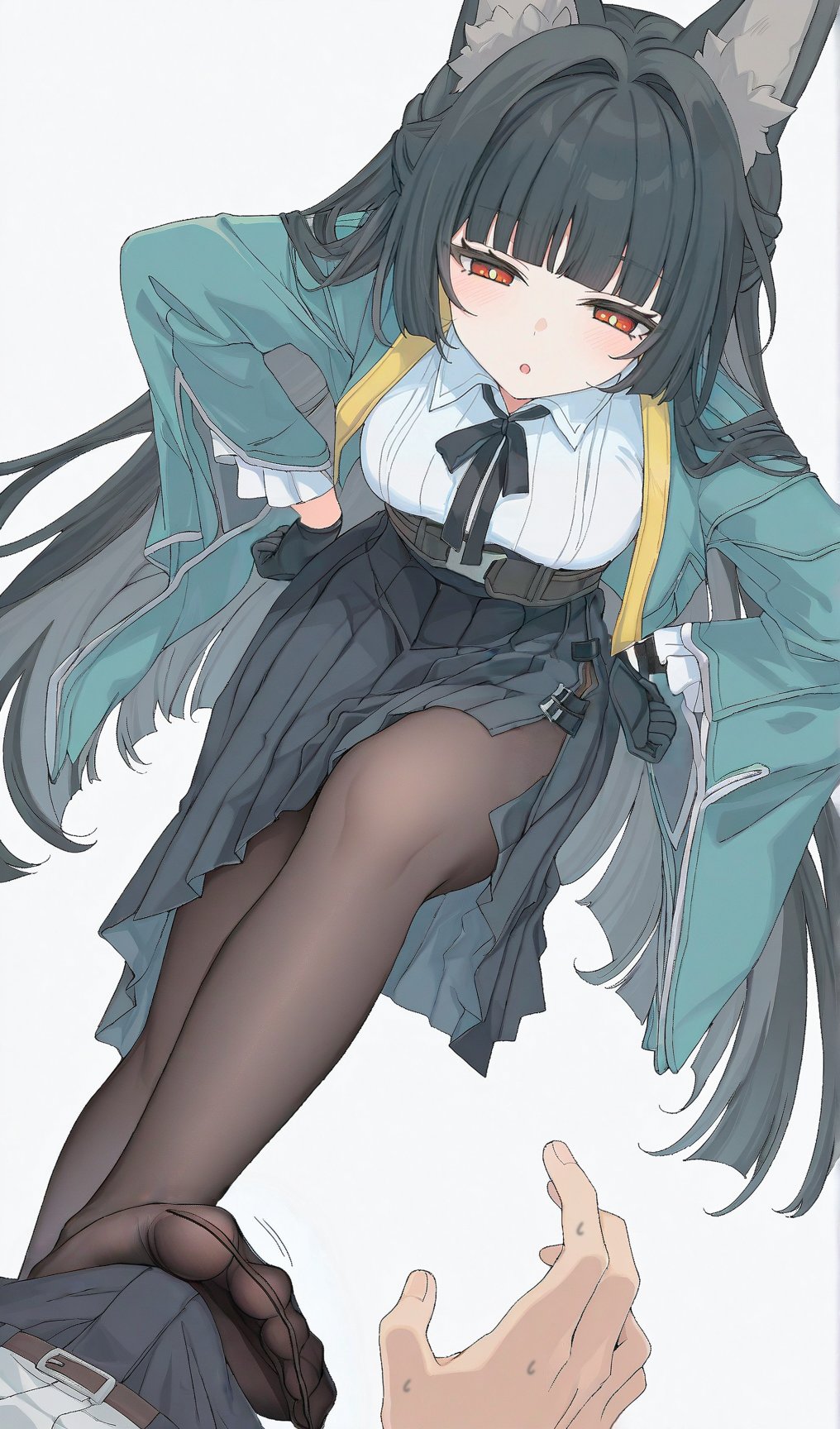 :o, 1boy, 1girls, 2026, ai assisted, animal ears, black hair, blush, breasts, clothed, clothing, color, colored, ebimaru daicon, emotionless, emotionless female, erect penis, erection, erection under clothes, female, foot fetish, foot play, footjob, footjob over clothes, footjob with one foot, hair, hi res, hoshimi miyabi, hoyoverse, legs, light skin, light-skinned female, looking at viewer, male, mihoyo, red eyes, simple background, skirt, stepping on penis, thick thighs, thighs, white background, zenless zone zero