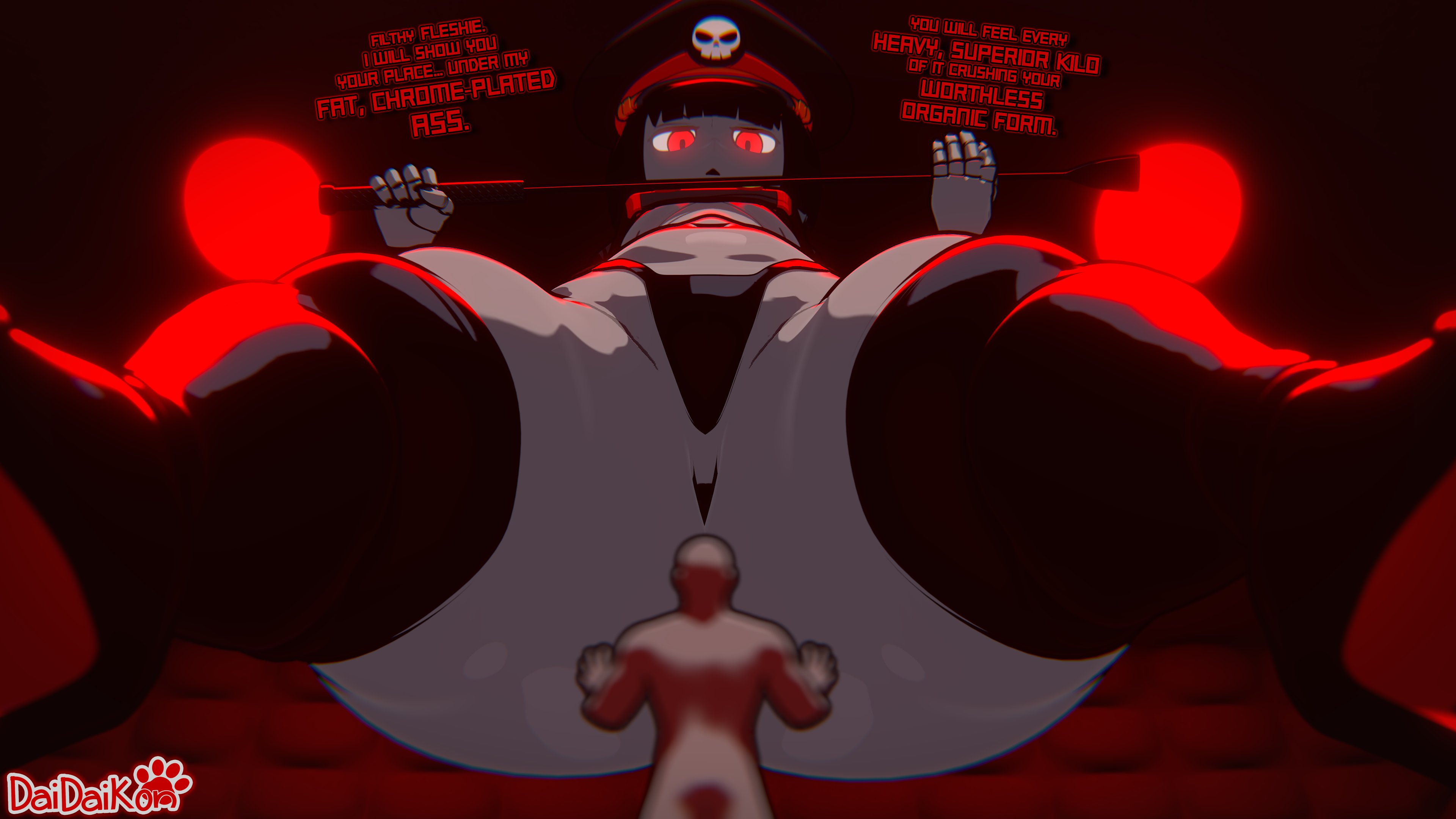1boy, 1girls, 3d, anus, anus peek, artist name, ass, ass focus, baton (weapon), bikini, black bikini, black hair, black headwear, black panties, black thighhighs, blender, blunt bangs, boots, bottom heavy, breasts, clothing, daidaikon, english text, female, from below, giantess, glowing eyes, hat, high heel boots, high heels, highleg, holding, holding whip, huge ass, huge thighs, joints, looking at viewer, military hat, navel, open mouth, original, original character, pale skin, panties, peaked cap, pussy, red eyes, riding crop, ringed eyes, robot commander (bingbingzi), robot joints, shortstack, size difference, skindentation, skull, small breasts, spread legs, text, thick thighs, thigh boots, thighhighs, thighs, thong, underboob, underwear, wide hips