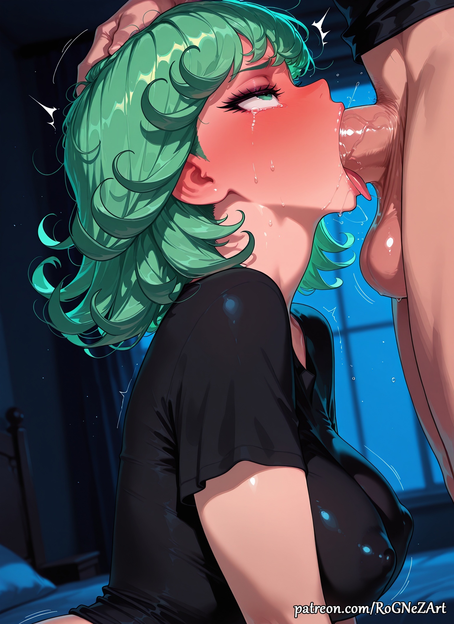 1boy, 2025, ai generated, alternate breast size, anime, bed, black dress, blush, breasts, cleavage, covered nipples, crossover, curly hair, deepthroat, dress, erection, explicit, eyelashes, fellatio, female, female focus, flushed, from side, green eyes, green hair, half-closed eyes, hand on another's head, highres, huge breasts, indoors, inside, irrumatio, large breasts, large penis, male, male pubic hair, night, nsfw, one-punch man, oral, patreon, penis, rognezart, saliva, short hair, short sleeves, solo, solo focus, straight, tatsumaki, tears, testicles, tongue, tongue out, uncensored, veins, veiny penis, window