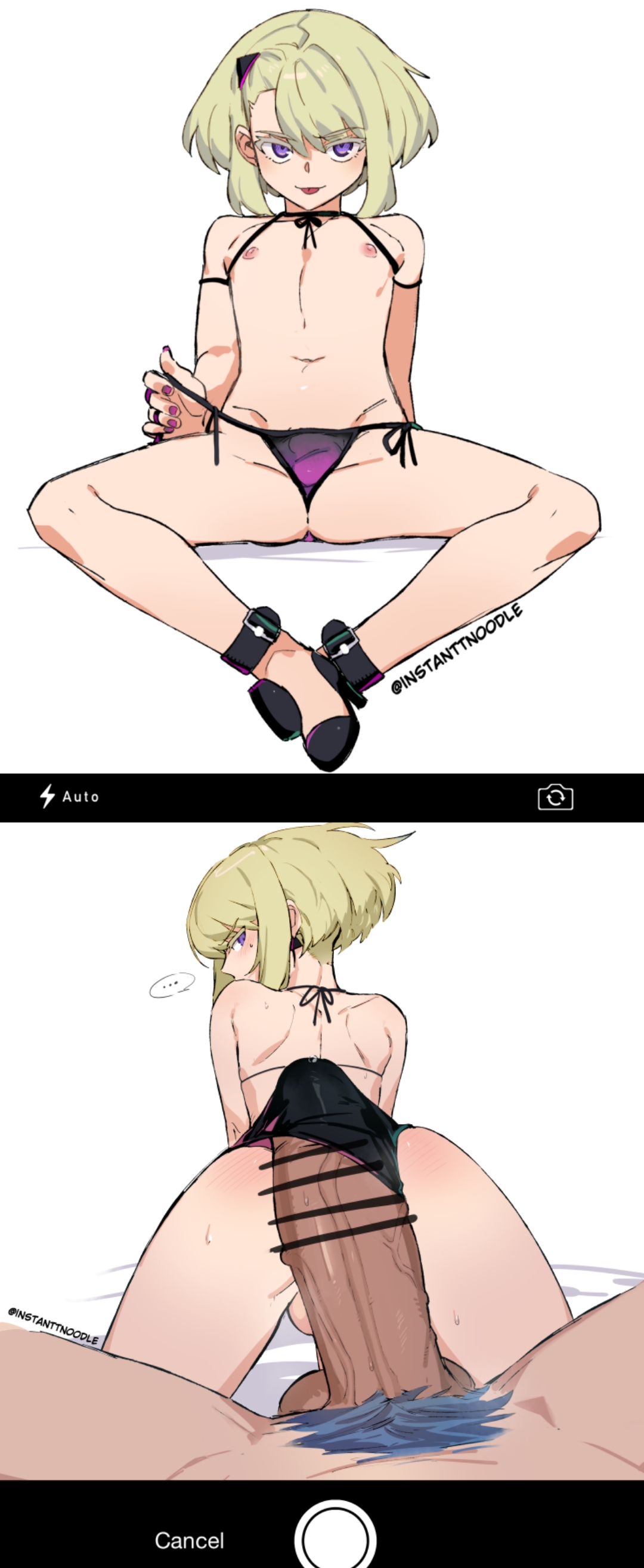 2boys, androgynous, ass, ass focus, bedroom eyes, bikini, blonde hair, blush, bob cut, bulge, censor bar, censored, censored penis, crossdressing, femboy, femboy focus, galo thymos, gay, half-closed eyes, instanttnoodle, lio fotia, looking at viewer, male, nipples, painted nails, penis, penis through underwear, petite, pov, promare, seductive, seductive look, slim male, slim waist, solo focus, suggestive look, tongue out, twink, yaoi