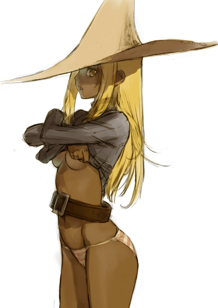 belt black_mage black_mage_(fft) blonde_hair branch_(artist) branch_(blackrabbits) breasts dark-skinned_female dark_skin female female_only final_fantasy final_fantasy_tactics final_fantasy_tactics_(original) hat human long_hair panties profile simple_background sketch solo striped striped_panties underboob underwear undressing yellow_eyes