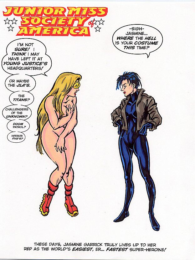 2girls adam_walters beige_skin black_hair blonde_hair boots closed_mouth clothes color dc dc_comics dialog english_text female female_only footwear genderswap genderswap_(mtf) hair human human_only jacket jasmine_garrick jay_garrick justice_society_of_america light-skinned_female light_skin long_hair multiple_females multiple_girls nude open_mouth round_ears rule_63 short_hair speech_bubble standing tebra ted_grant text the_flash white_background wildcat_(dc)