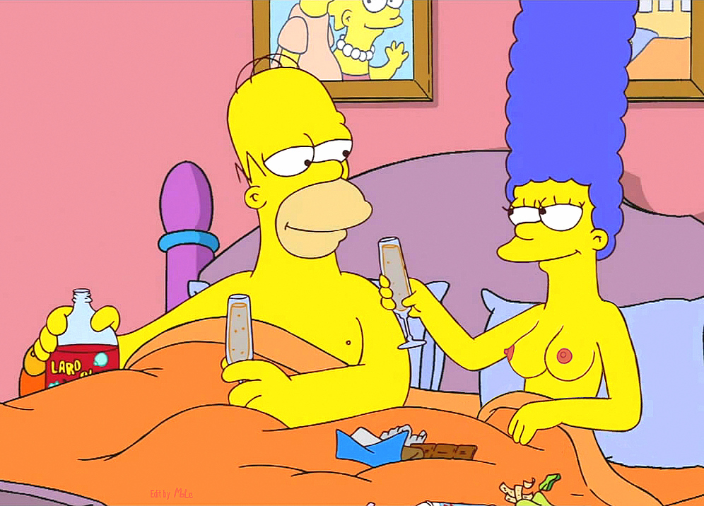 4_fingers bald bed blanket blue_hair bottle breasts chocolate color cup curly_hair edit female flat_colors food front_view holding_bottle holding_cup holding_object homer_simpson huge_eyes human in_bed indoors long_hair looking_aside looking_at_another male marge_simpson matt_groening_(style) mole_(artist) nipples nude overweight_male pillow pink_nipples reclining smile straight the_simpsons toony yellow_skin