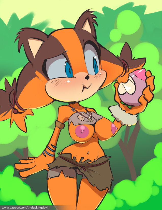 alternate breast size, anthro, badger, breasts, brown fur, clothed, clothing, eating, female, fur, mammal, mustelid, orange fur, sega, solo, sonic (series), sonic boom, sonic the hedgehog (series), sticks the badger, thefuckingdevil
