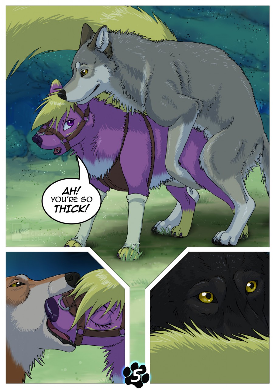 all_fours canine chainedbirds comic doggy_style duo english_text female feral feral_on_feral from_behind fur hair harness juniperskunk kissing male mammal open_mouth sex straight text wolf