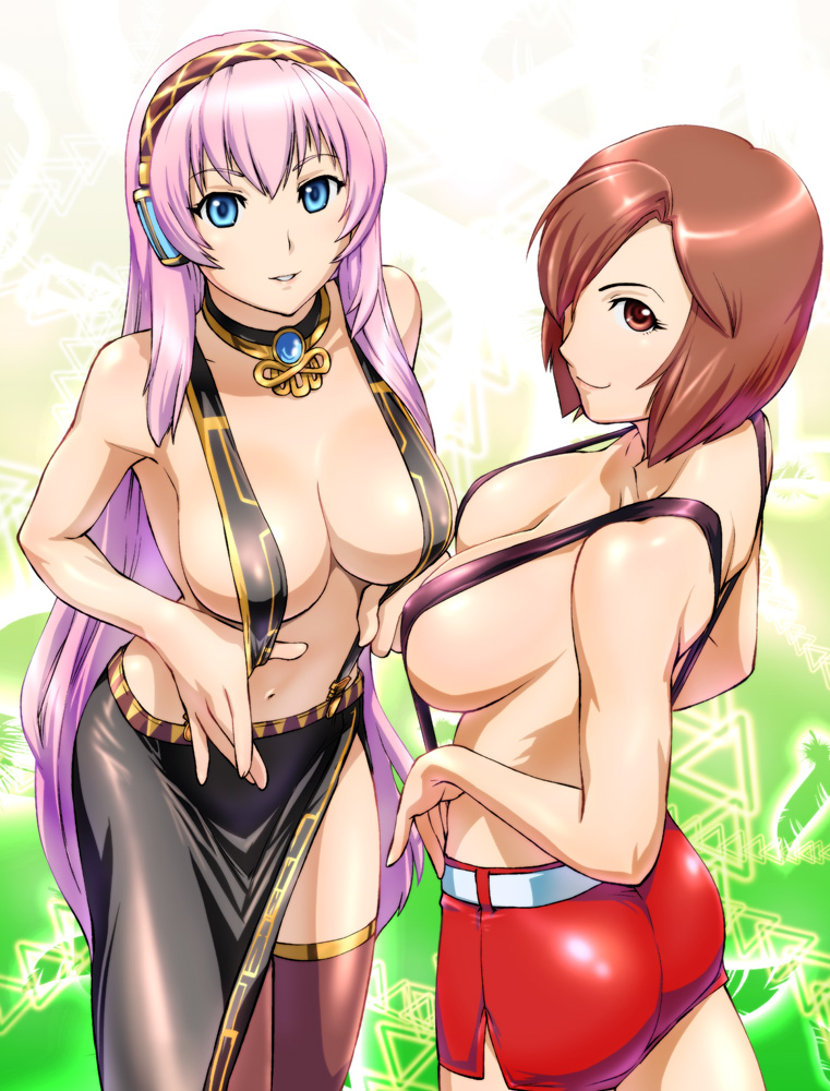 bare_shoulders blue_eyess breasts brown_eyes brown_hair choker cleavage hair_over_one_eyes hotpants large_breasts long_hair megurine_luka meiko_(vocaloid) multiple_girls navel only_female pink_hair short_hair short_shorts shorts side_slit sideboob smile suspenders thighhighs ueyama_michirou very_long_hair vocaloid