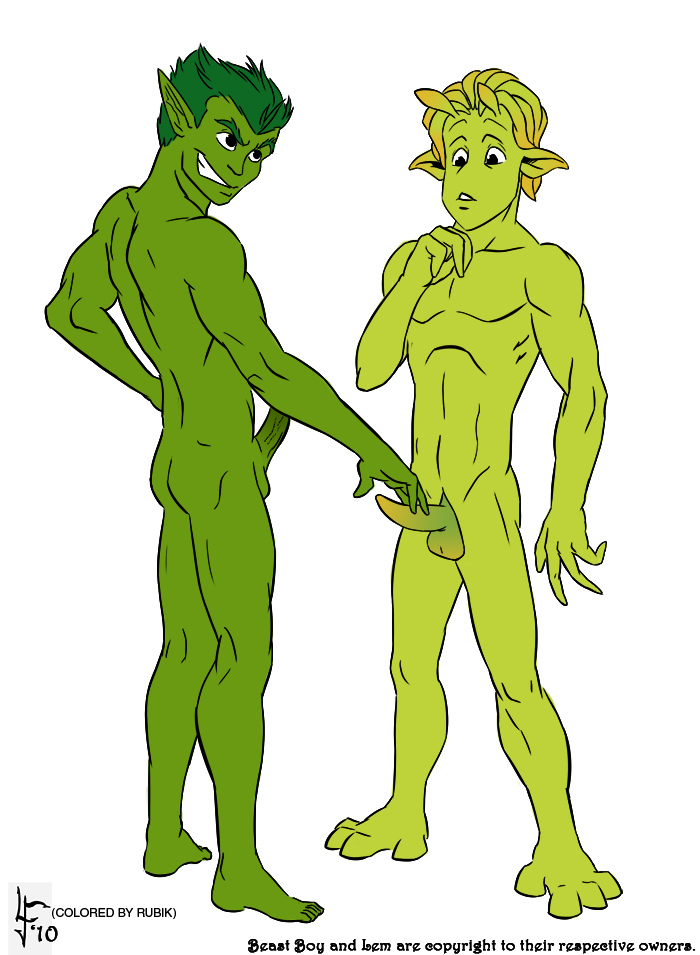 2boys abs alien artist_request ass balls beast_boy boner colored crossover dc dc_comics english_text erect_penis erection gay green_skin lem_korplog male male_only nude penis planet_51 simple_background straight_hair tagme teen_titans text white_background yaoi