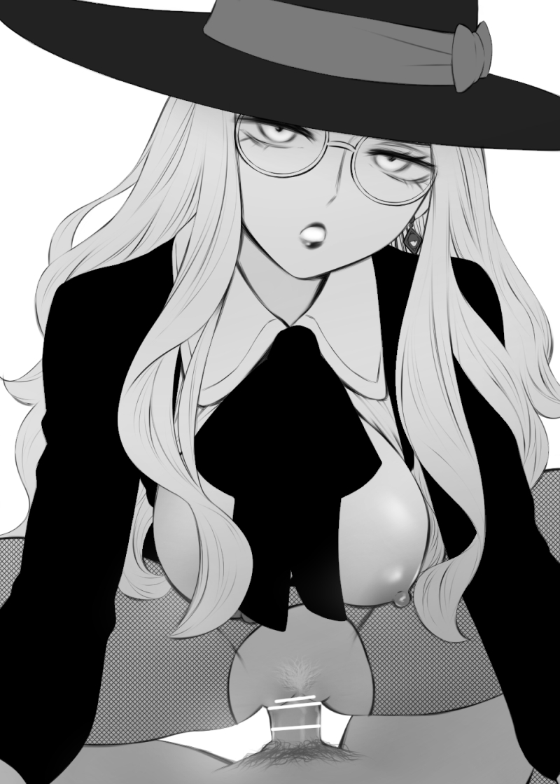 1boy 2020 areolae breasts censored clothed_female_nude_male cowgirl_position earrings female glasses hat jewelry large_breasts lipstick loid_forger long_hair looking_at_viewer makeup monochrome nude open_mouth pov pubic_hair pussy sex shounen_jump shounen_jump+ shpo solo_focus spy_x_family straddling straight sylvia_sherwood vaginal_penetration white_background