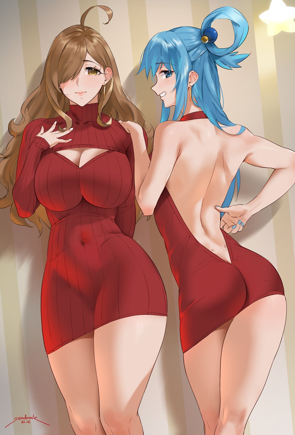 2girls aqua_(konosuba) big_breasts blue_eyes blue_hair blue_nails boob_window brown_hair clothing cowlick earrings gold_eyes kono_subarashii_sekai_ni_shukufuku_wo! looking_at_viewer looking_back nail_polish one_eye_covered one_eye_obstructed red_dress sendrawz short_dress skindentation slq thick_thighs tight_clothing virgin_killer_sweater wiz_(konosuba)