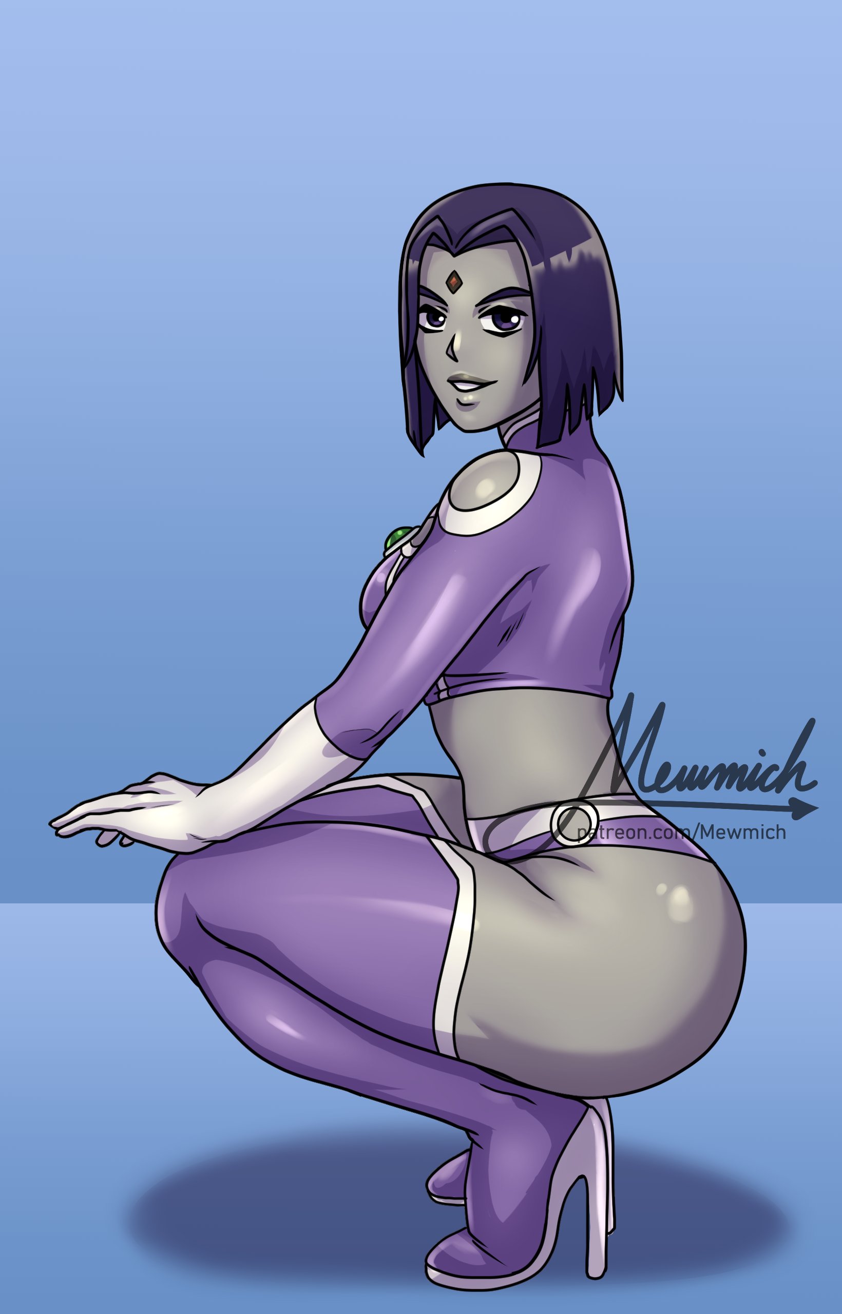 1girls, ass, boots, cosplay, dc, dc comics, female, forehead jewel, gloves, heel boots, heels, hips, latex, latex gloves, mewmich, purple hair, rachel roth, raven (dc), short hair, shorts, starfire, starfire (cosplay), straight hair, teen titans, teenager