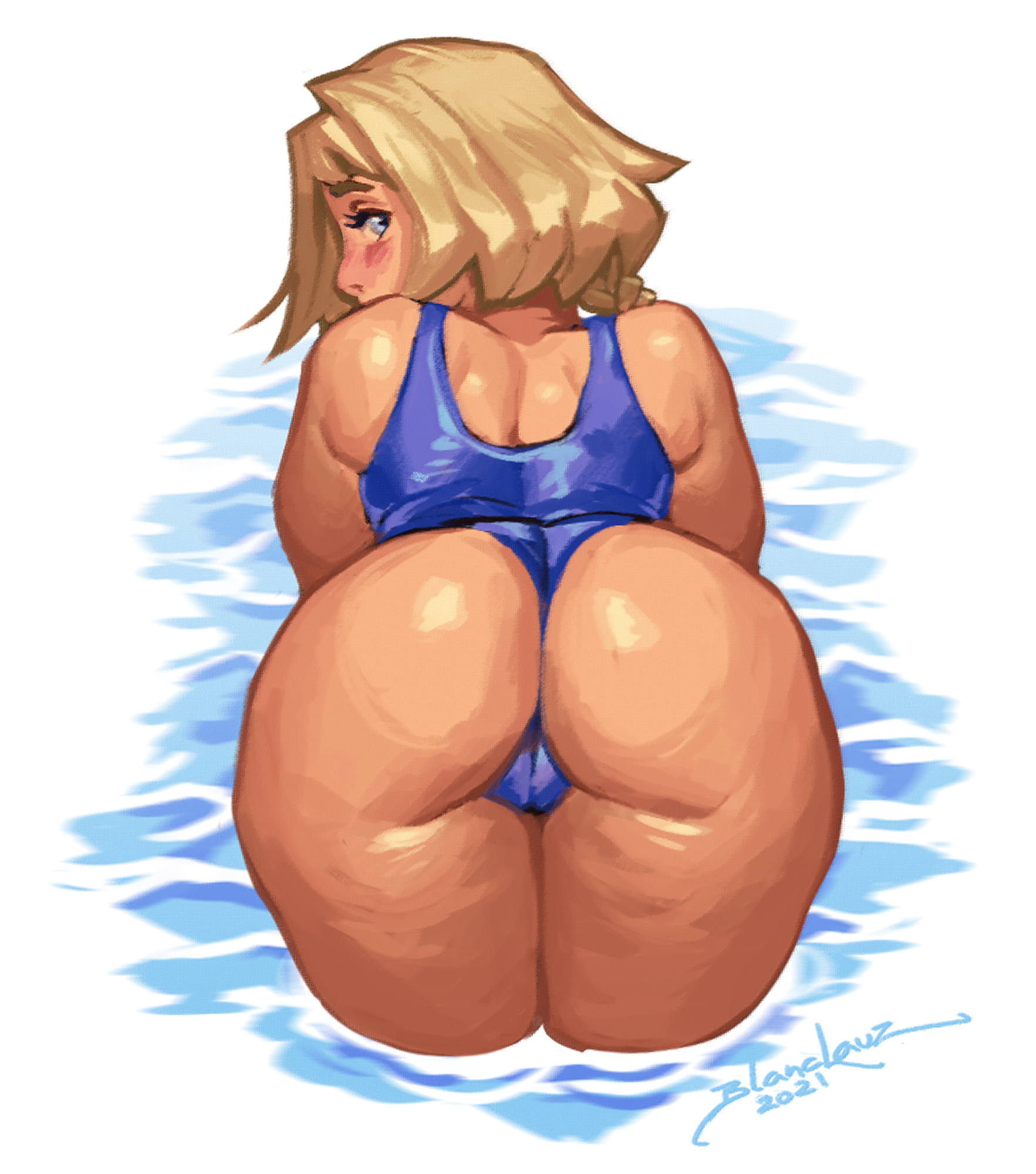 1girls, agda (blanclauz), ass, back, bent over, big ass, blanclauz, blonde hair, cellulite, female, female focus, female only, from behind, looking at viewer, looking back, one-piece swimsuit, original, original character, partially submerged, swimsuit, thick thighs, thighs, water