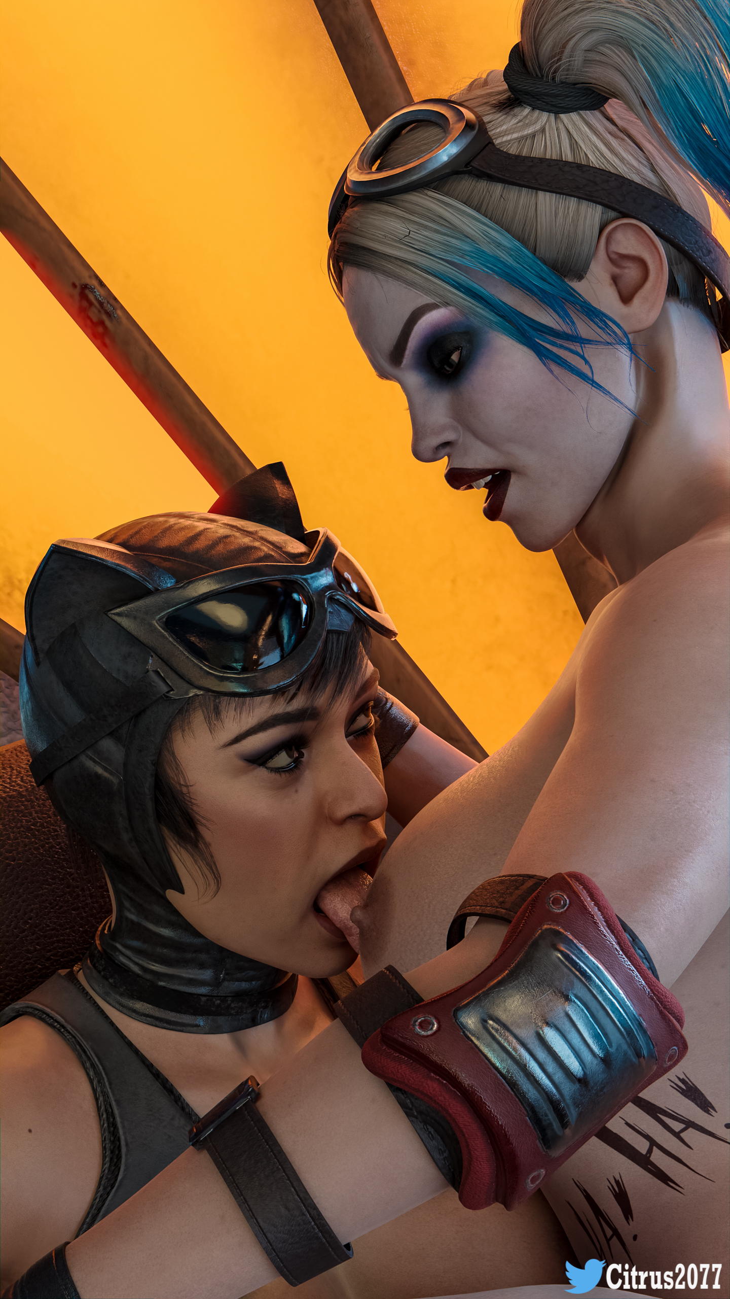 2girls, 3d, 3d (artwork), ass, batman (series), black gloves, boobs, breast lick, breast licking, breasts, catwoman, catwoman (injustice), citrus2077, dc, dc comics, female, female only, gloves, harley quinn, harley quinn (injustice), injustice 2, leather gloves, lesbian, lesbian sex, licking nipple, light skin, light-skinned female, office, office sex, selina kyle, tagme, tattoo, tits, yuri