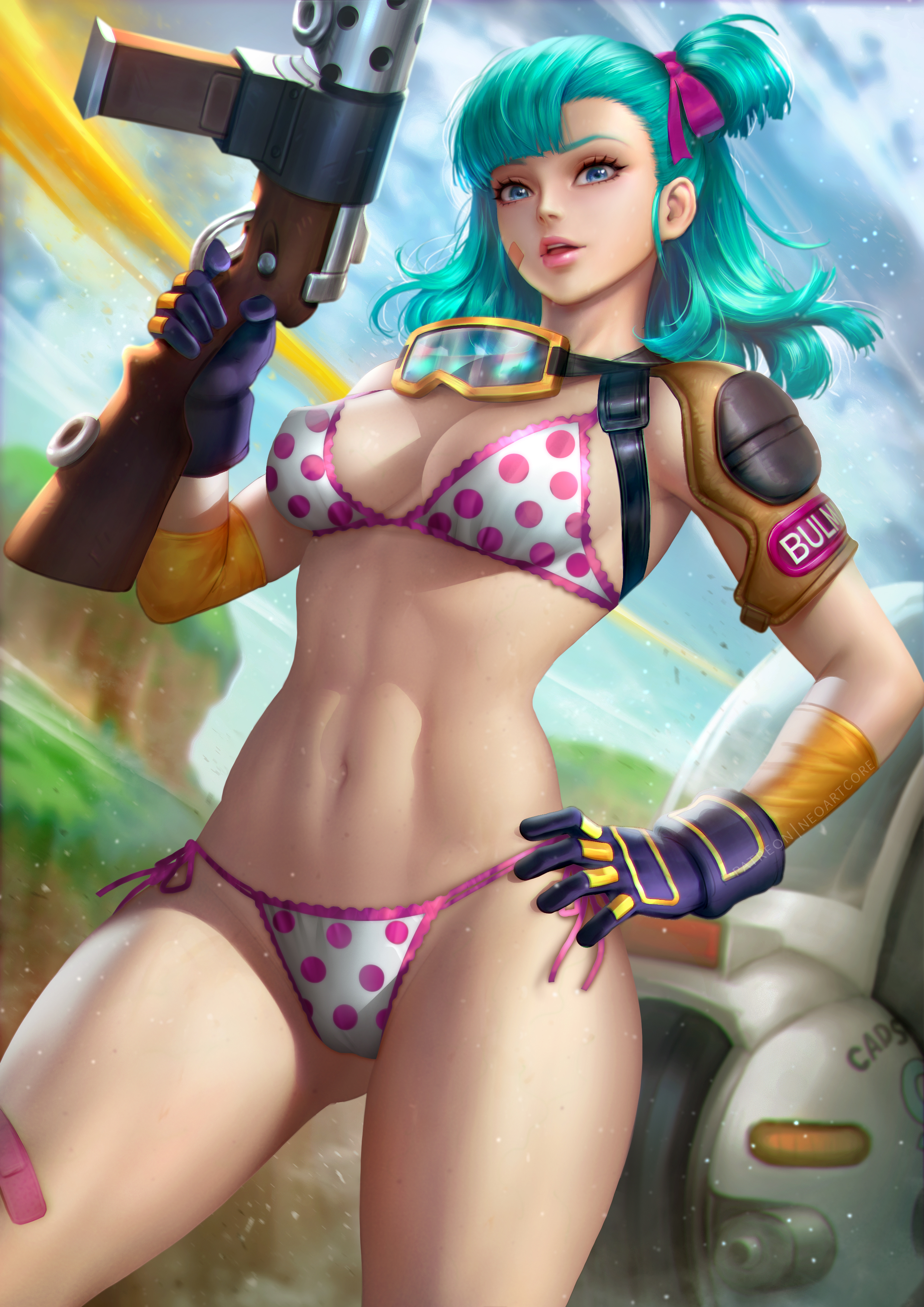 1girls, 2d, 2d (artwork), bikini, blue eyes, blue hair, bulma, bulma briefs, dragon ball, dragon ball (classic), female, female only, firearm, gloves, goggles, goggles around neck, gun, lingerie, long blue hair, neoartcore, nudtawut thongmai, realistic, shoulder pads, solo, solo female, submachine gun, teal hair, teenage bulma, teenage female, teenager, young