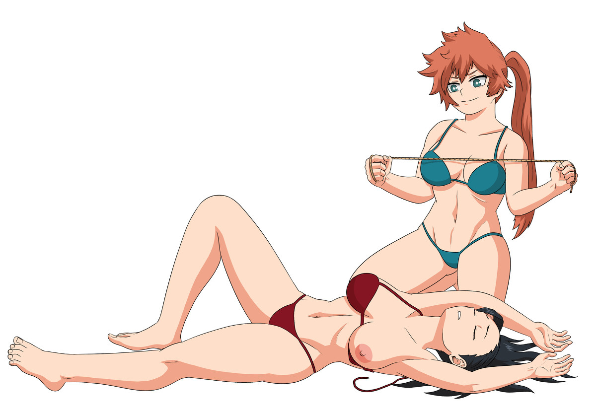 2girls, black hair, black-haired female, breasts, catfight, closed eyes, defeated, exposed breasts, feet, female, female only, from side, huge breasts, itsuka kendou, kendou itsuka, medium breasts, mfuncen, momo yaoyorozu, motion lines, multiple females, multiple girls, my hero academia, nipples, no bra, orange hair, orange-haired female, ponytail, racism, shiny, shiny skin, simple background, toes, white background, yaoyorozu momo