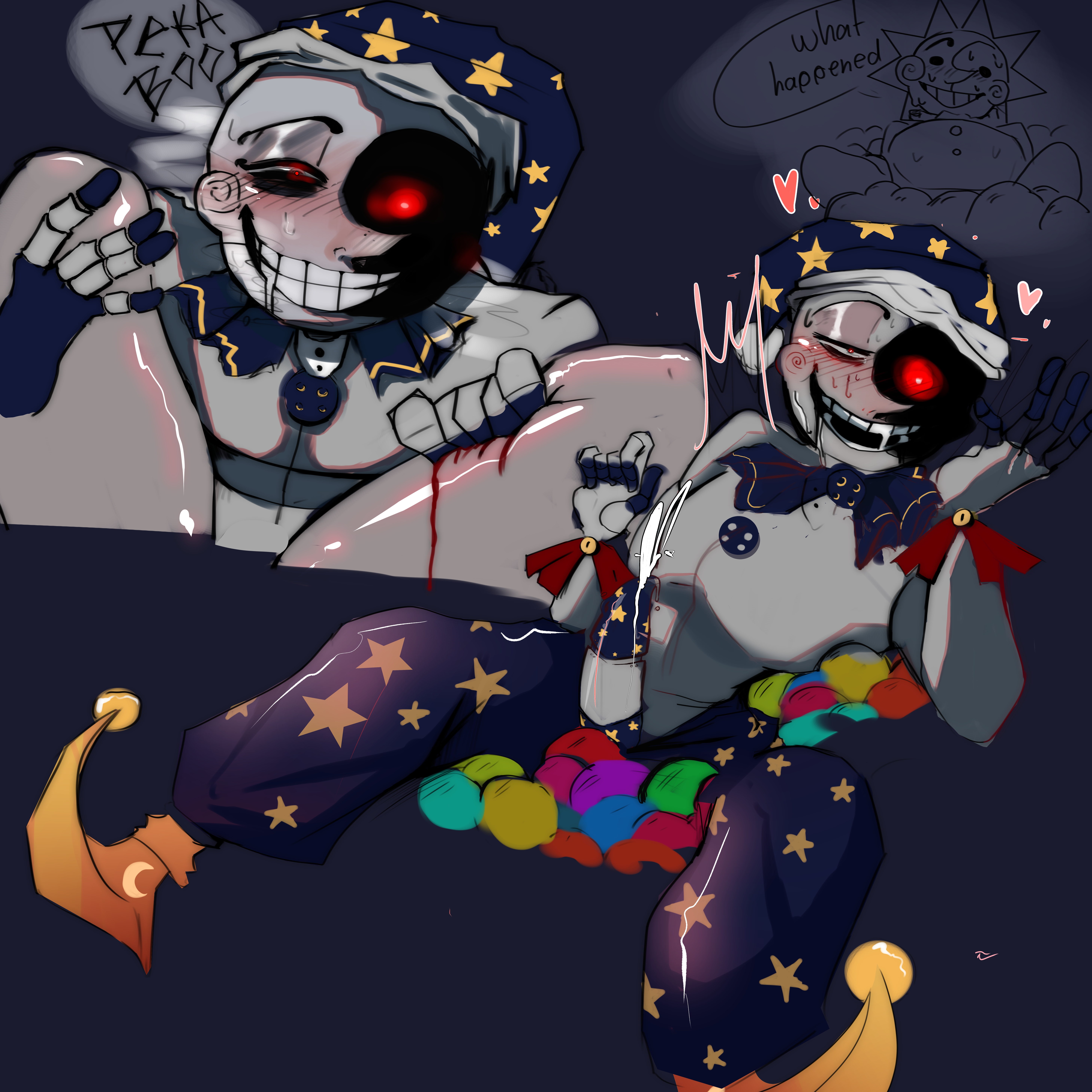 animatronic, ball pit, blush, bodily fluids, color, cum, cumshot, digital media (artwork), ejaculation, english text, erection, five nights at freddy's, five nights at freddy's: security breach, genital fluids, human, looking at viewer, male, moondrop, orgasm, pants, penis, robot, scottgames, sickcat, sundrop, text, uncensored