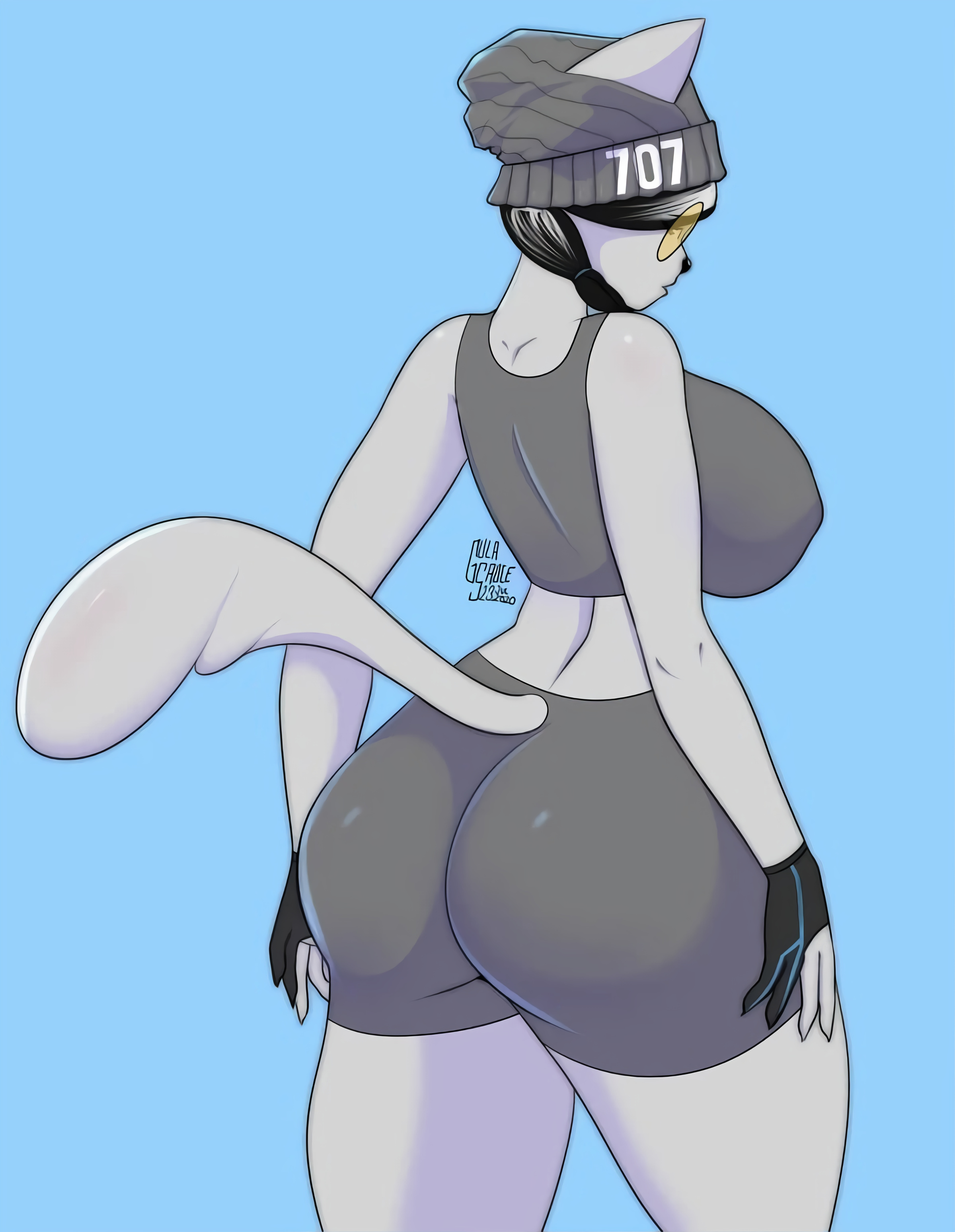 1girls, 5 fingers, anthro, anthro only, anthrofied, ass, ass expansion, back, back view, bare shoulders, big ass, big breasts, big butt, big hips, big thighs, black hair, blue background, body transformation, breast expansion, breast growth, breast growth (enlargement), breast hold, breast squeeze, breasts, bubble ass, bubble butt, bursting breasts, bursting butt, bursting clothes, cameltoe, cat girl, catgirl, clothed, clothes, clothing, dokkaebi (rainbow six), expansion, female, female only, figure transformation, gigantic ass, gigantic butt, glasses, grey body, grey skin, growth, gulasauce (artist), hat, hips, hourglass figure, huge ass, huge breasts, huge butt, humanoid, large ass, large breasts, large butt, nipple bulge, nipples, nipples visible through clothing, outgrowing clothes, pussy, rainbow six, rainbow six siege, simple background, skin tight, skin tight suit, solo, solo female, standing, stretched clothing, sunglasses, tail, text, thick, thick ass, thick hips, thick legs, thick thighs, thighs, thin waist, tight clothes, tight clothing, tight pants, tights, tinted eyewear, transformation, viewed from behind, viewed from below, wide hips, yellow-tinted eyewear