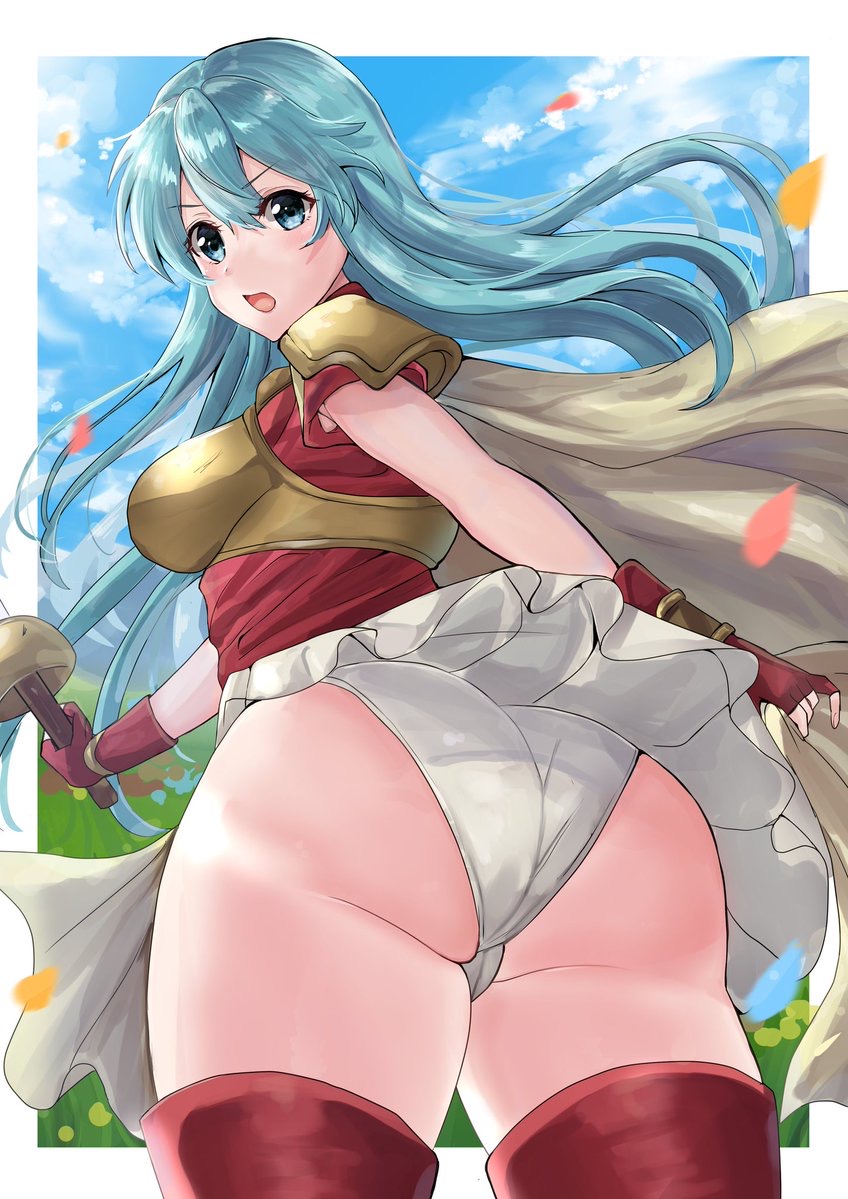 1girls :o angry aqua_hair armor ass ass_focus bare_thighs blue_eyes blue_hair border breastplate cape eirika_(fire_emblem) fingerless_gloves fire_emblem fire_emblem:_the_sacred_stones foreshortening gloves holding holding_sword holding_weapon large_ass long_hair looking_at_viewer looking_back nintendo open_mouth panties pantyshot pantyshot_(standing) red_gloves red_shirt red_thighhighs shirt short_sleeves skirt solo sword thick_thighs thigh_boots thighhighs thighs underwear upskirt weapon white_border white_panties white_shirt yui_(msy1302mana)