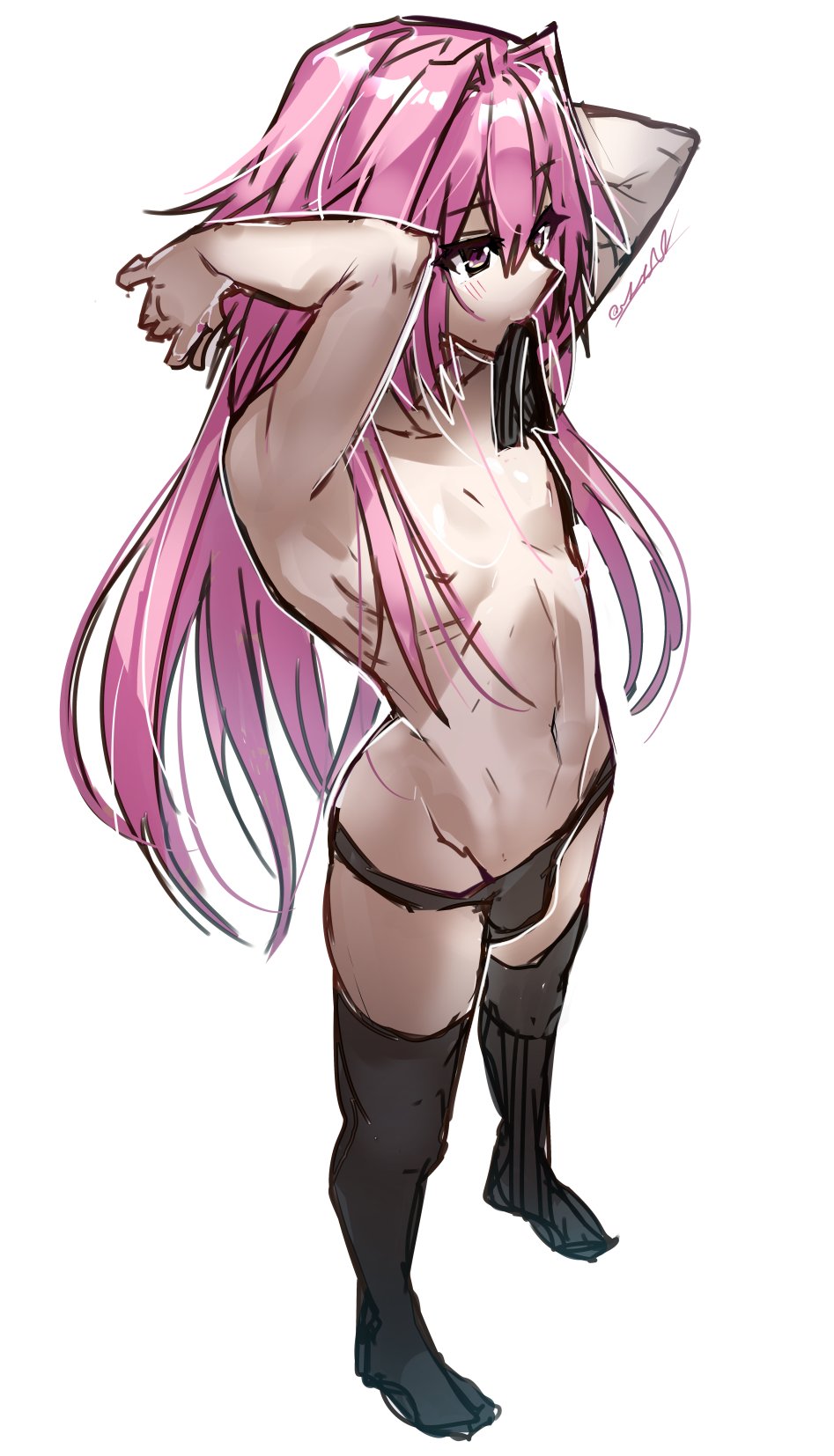 astolfo_(fate) black_legwear black_underwear bulge fate_(series) femboy haoro legwear male male_only mostly_nude nipples pink_hair pink_hair_male solo topless underwear very_long_hair very_long_hair_male