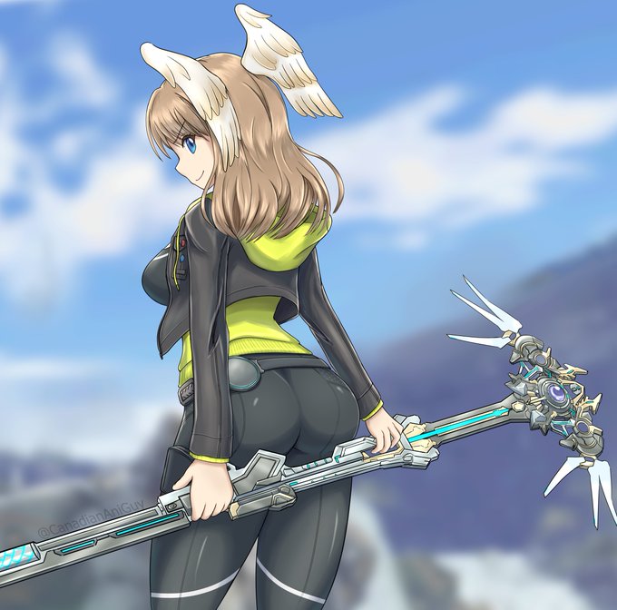 1girls, ass, big ass, blue eyes, breasts, brown hair, eunie (xenoblade), female, female only, fully clothed, head wings, looking at viewer, nintendo, skin tight, solo, thick ass, thick thighs, xenoblade (series), xenoblade chronicles 3