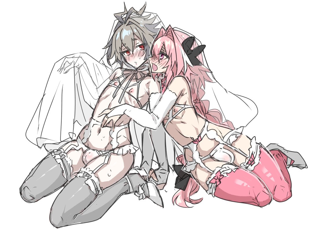 2boys astolfo_(fate) bulge clothing fate_(series) femboy femboy_on_femboy gay haoro legwear male_only sieg_(fate/apocrypha)