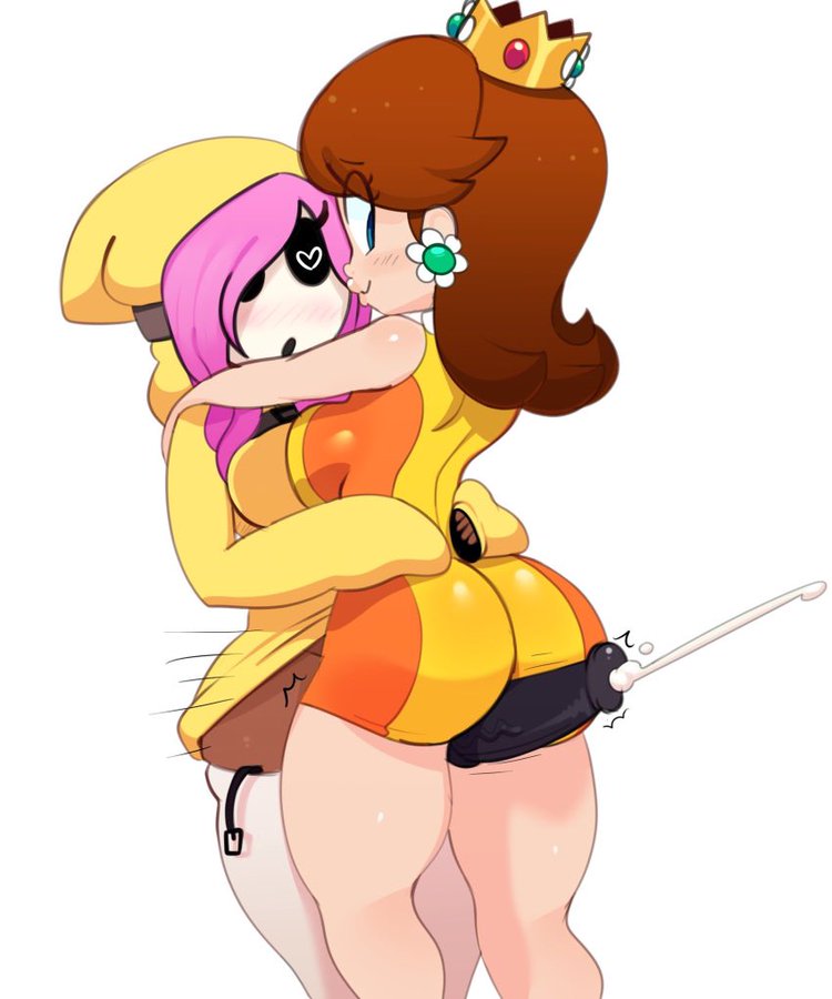 1futa, 1girls, alternate breast size, ass, assjob, big breasts, breasts, brown hair, bubble ass, bubble butt, buttjob, cum, dark skin, dark-skinned futa, female, futa on female, futa with female, futanari, hot dogging, intersex, large breasts, mario (series), mario and sonic at the olympic games, pink hair, princess daisy, shy gal, somescrub, thigh sex, white background