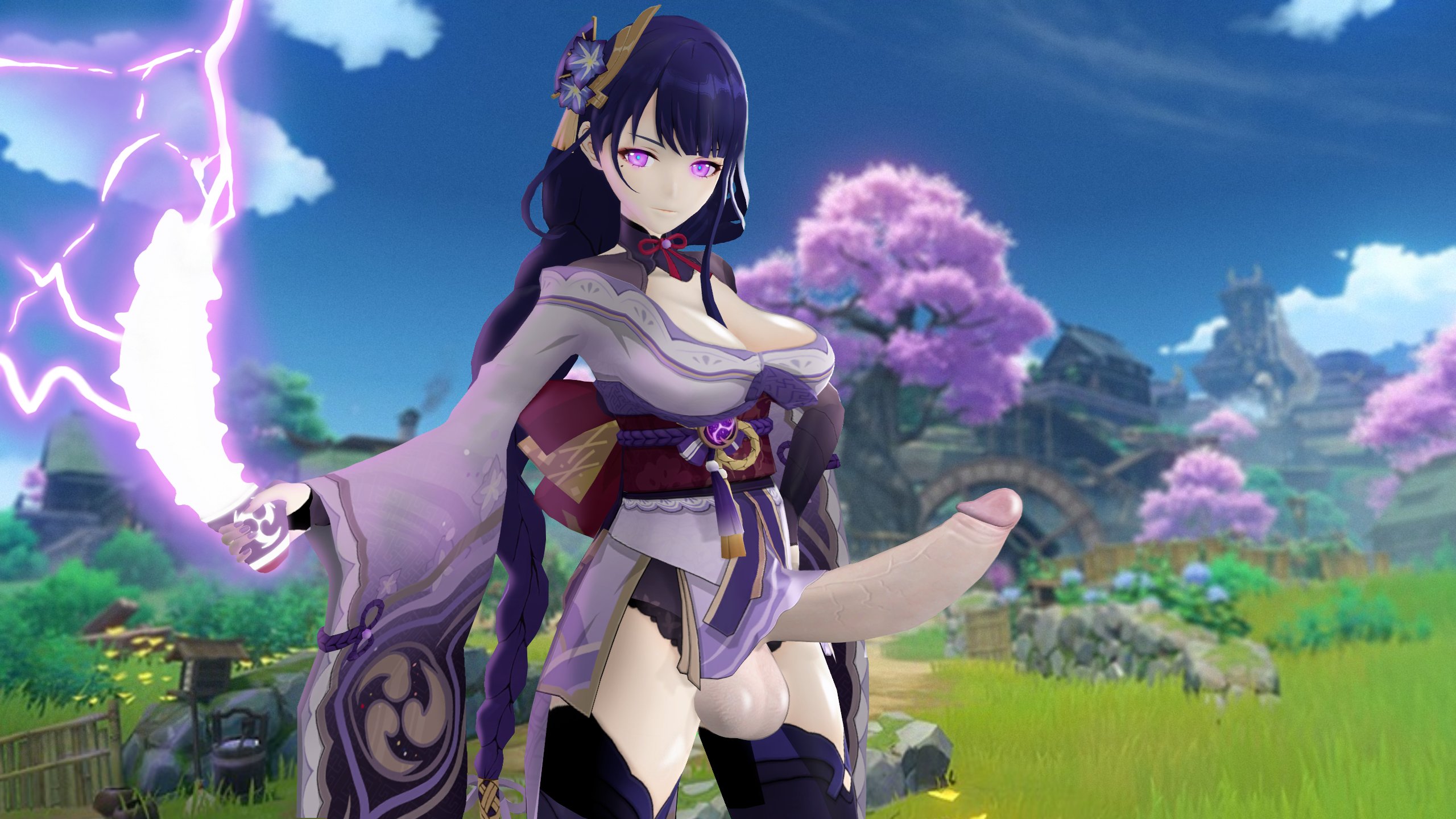 1futa, 3d, balls, big balls, big breasts, bottomless, breasts, clothed, clothing, erection, futa only, futanari, genshin impact, huge cock, human, intersex, large breasts, light skin, light-skinned futa, pale skin, partially clothed, penis, raiden shogun, solo, stalkek, standing, testicles