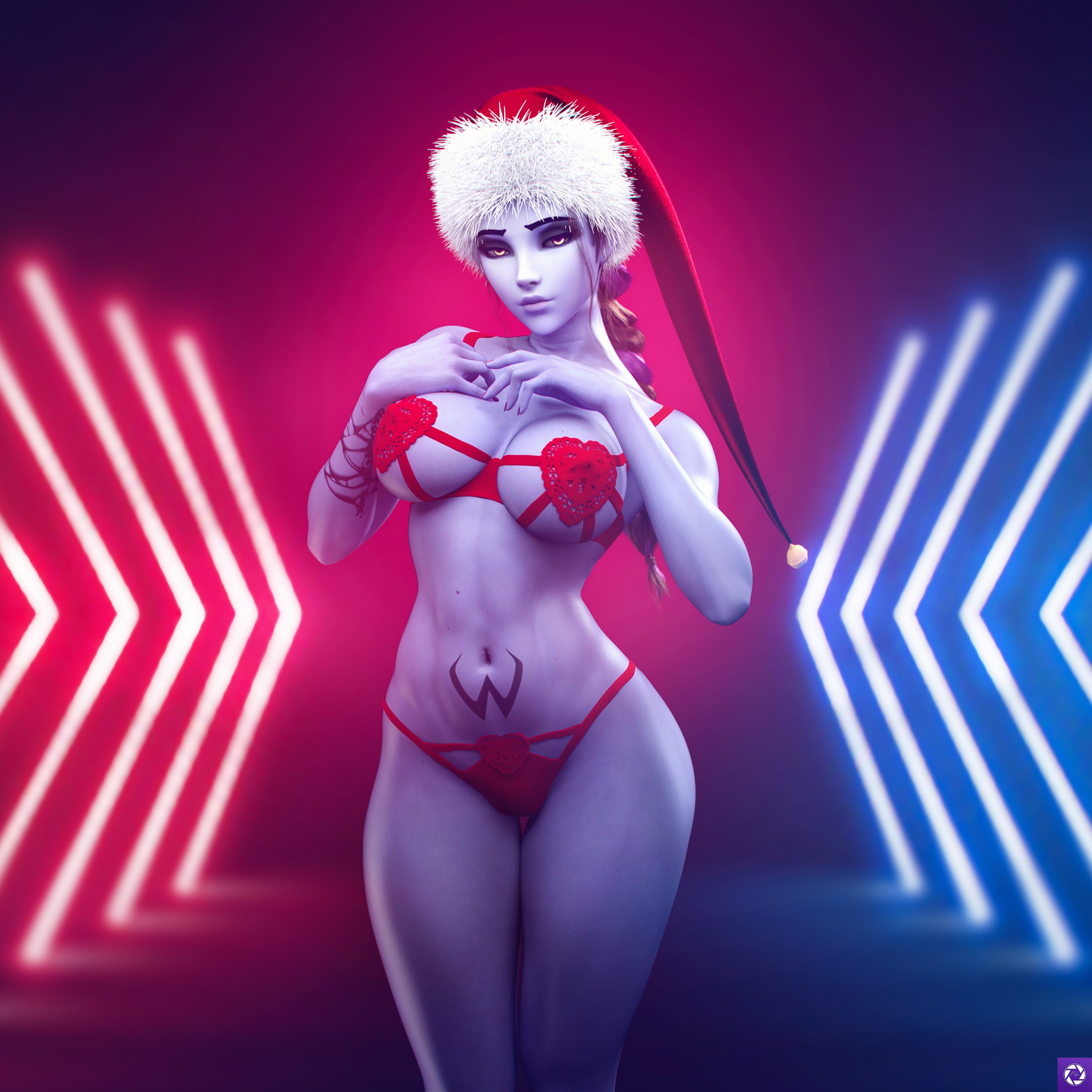 1girls, 3d, abs, ass, back view, big ass, big breasts, blizzard entertainment, blue hair, bra, breasts, christmas, female, female only, fit, fit female, front view, lingerie, long hair, looking back, muscular, muscular female, navel piercing, nipples, noahgraphicz, overwatch, panties, purple hair, purple skin, smile, solo, solo female, standing, tattoo, thick thighs, thong, underwear, widowmaker, yellow eyes