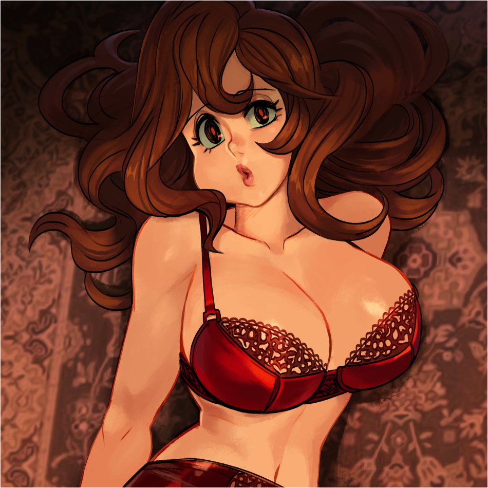 1girls alex_ahad bra breasts cleavage eyelashes female huge_breasts lingerie lips lupin_iii mine_fujiko panties picot_trim picot_trim_bra red_bra red_panties solo wavy_hair