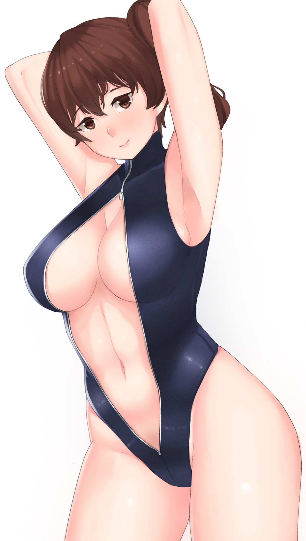 armpits arms_up breasts brown_eyes brown_hair female franham front_zipper_swimsuit highres huge_breasts kaga_(kantai_collection) kantai_collection meme_attire one-piece_swimsuit photoshop_(medium) short_hair side_ponytail smile solo swimsuit