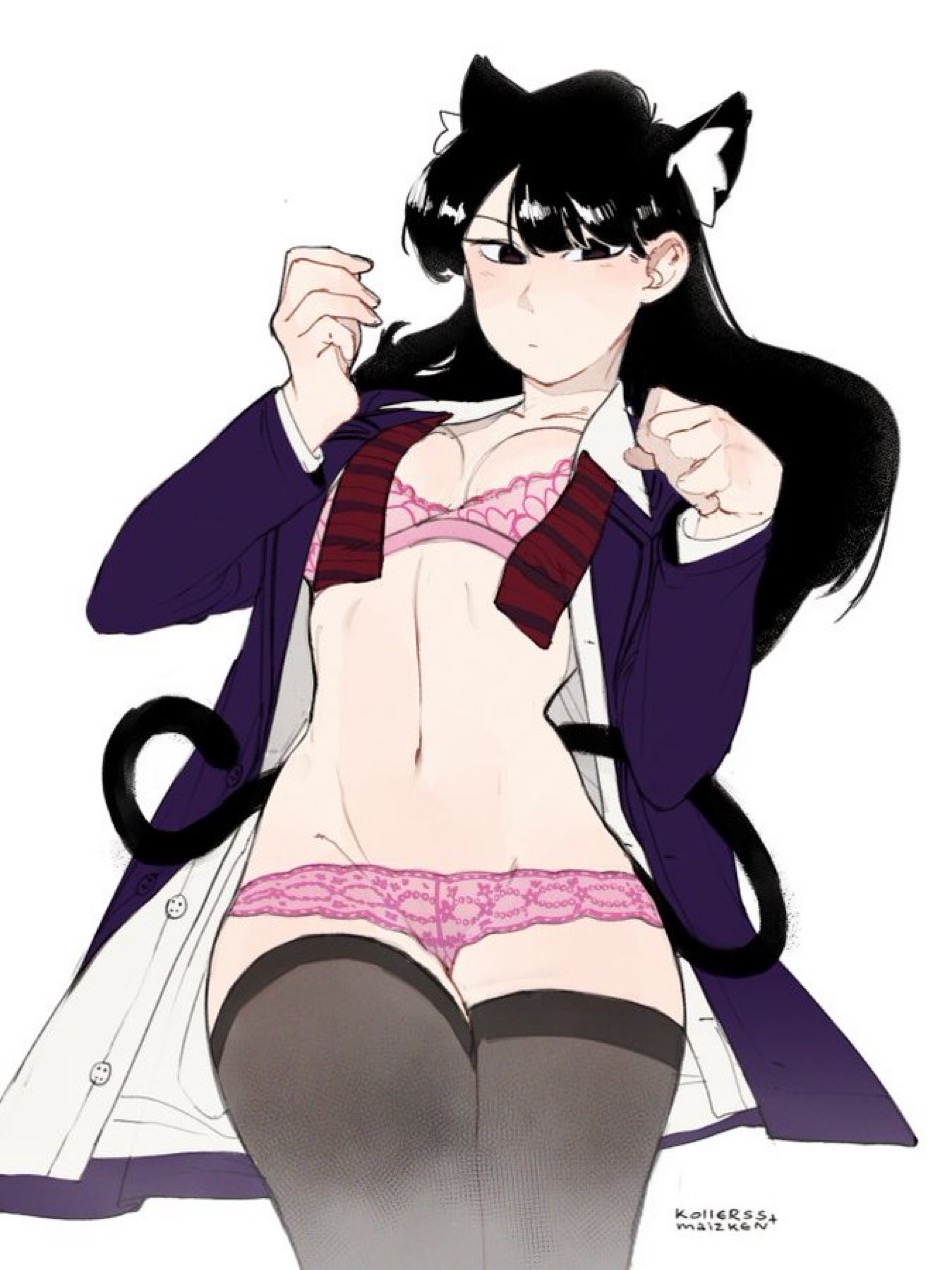 1girls black_eyes black_hair cat_ears cat_tail catgirl female female_only female_solo kollerss komi-san_wa_komyushou_desu komi_shouko lingerie maiz-ken nekomimi pink_panties simple_background solo solo_female tail thigh_highs thighhighs white_background