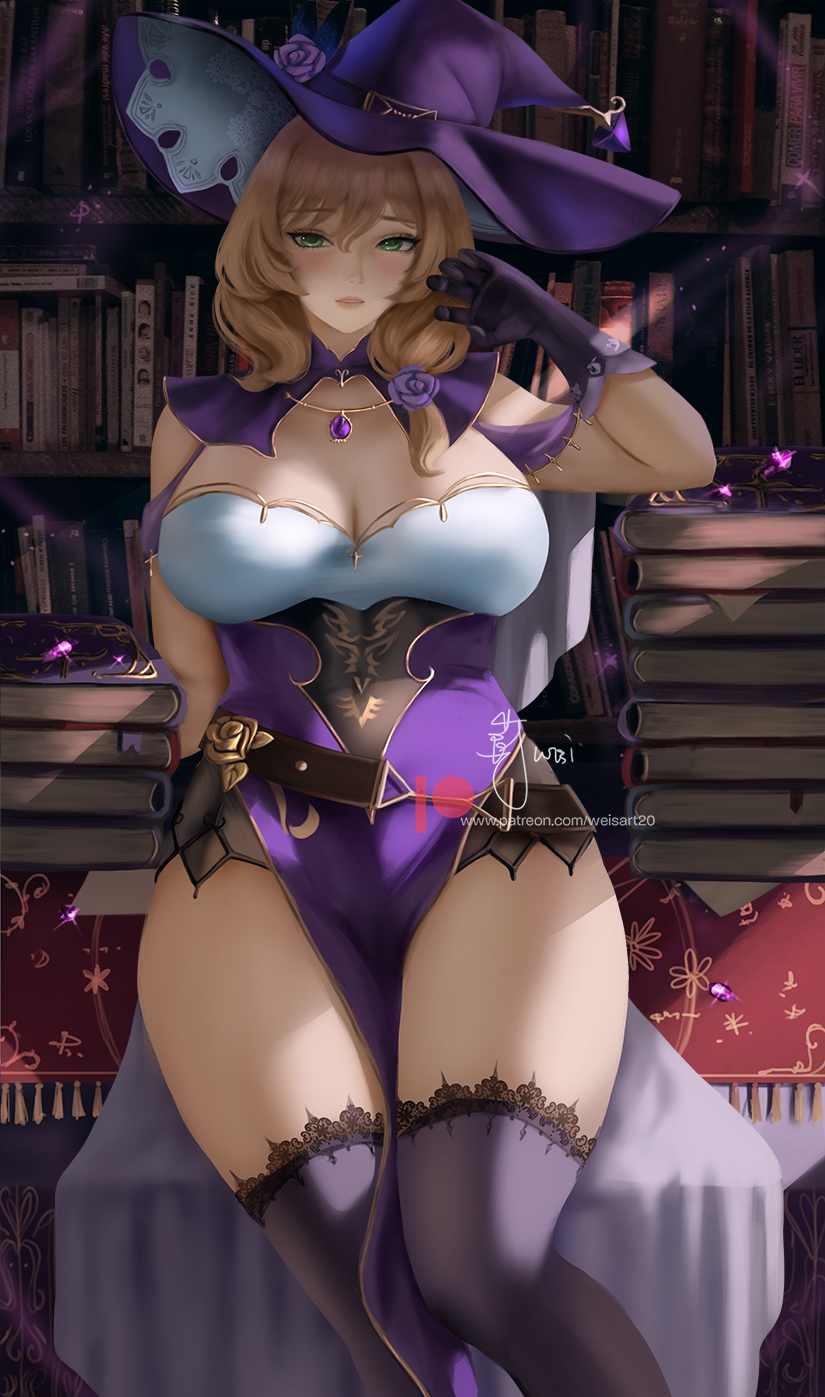 1girls, 2021, artist signature, blush, breasts, brown hair, cleavage, clothed, clothed female, female, female only, genshin impact, green eyes, hat, hips, huge breasts, indoors, large hat, library, lisa (genshin impact), long hair, looking at viewer, necklace, purple clothing, side ponytail, slim waist, thick thighs, thighhighs, thighs, watermark, weisart, wide hips, witch hat