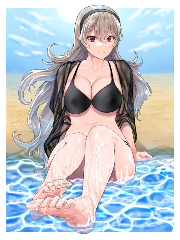 1girls, alternate costume, bare legs, bare shoulders, barefoot, beach, bikini, black bikini, black swimsuit, breasts, cleavage, corrin (fire emblem), corrin (fire emblem) (female), covered nipples, feet, female, female only, fire emblem, fire emblem fates, grey hair, hair between eyes, hairband, large breasts, long hair, looking at viewer, nintendo, nipple bulge, ocean, outdoors, pocari66, pointy ears, red eyes, revision, sand, seaside, see-through, shirt, sitting, smile, soles, solo, swimsuit, toes, very long hair, water, wet