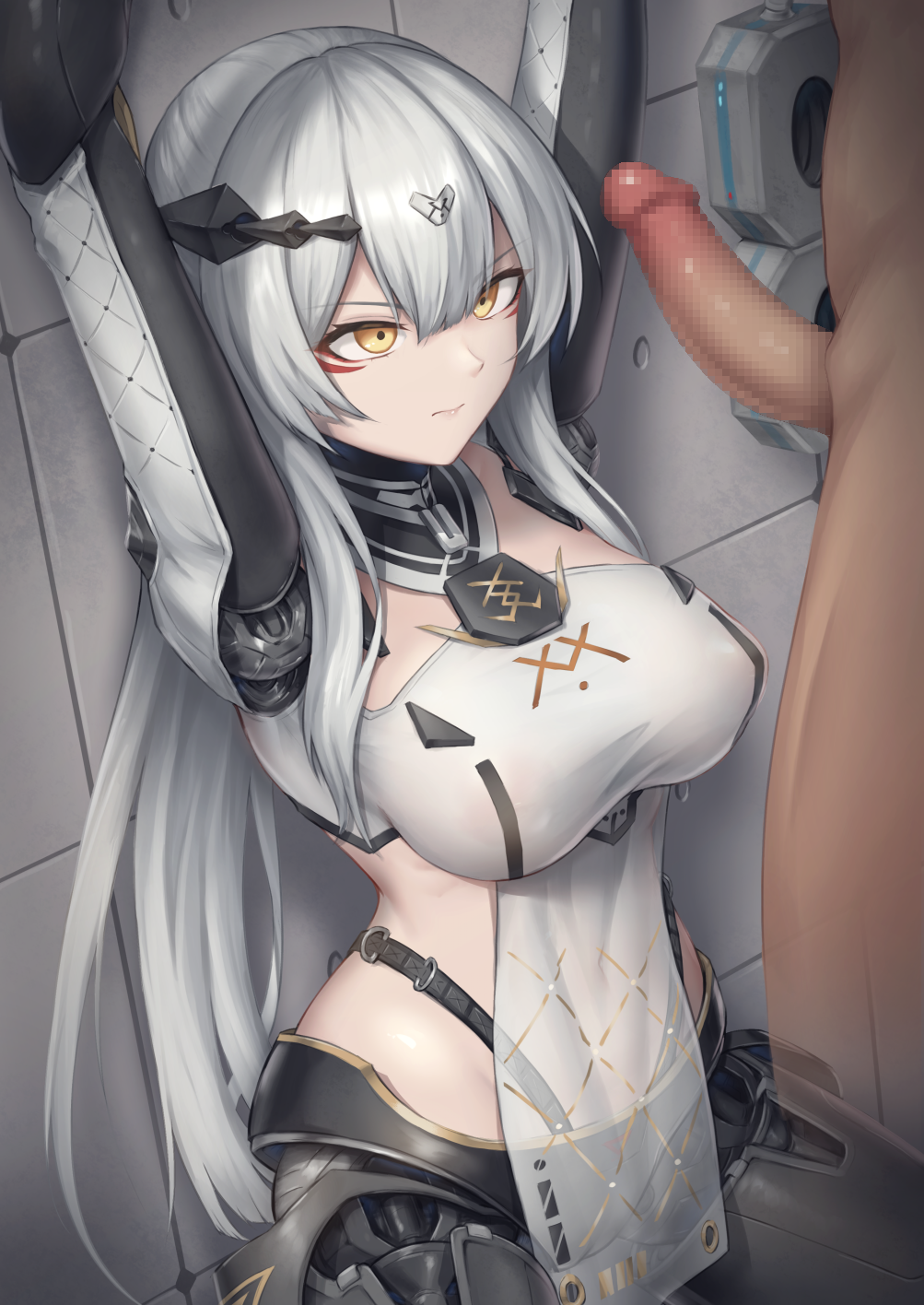 1boy android arms_up bangs breasts censored closed_mouth clothed_female_nude_male erection female girls'_frontline hair_between_eyes hair_ornament highres large_breasts long_hair looking_at_penis mingke mosaic_censoring nude paradeus penis silver_hair solo_focus straight teal_(girls'_frontline) yellow_eyes