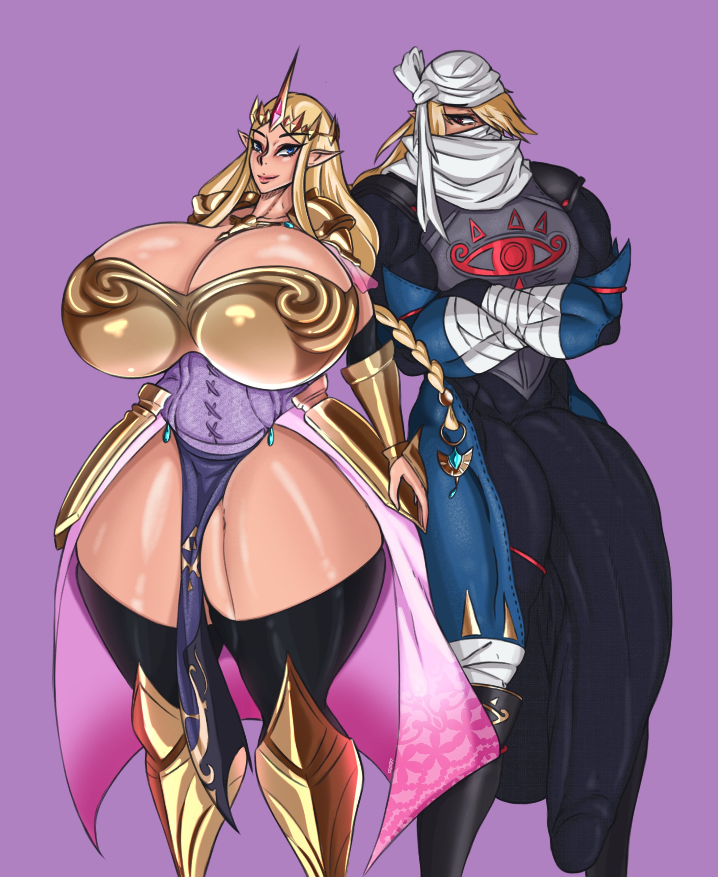 1boy, 1girls, aomokoka, breasts, breasts bigger than head, bulge, bulge down leg, female, flaccid, gigantic breasts, hyper penis, hyrule warriors, male, nintendo, penis, penis to the knees, princess zelda, sheik, the legend of zelda, thick thighs, zelda (hyrule warriors)