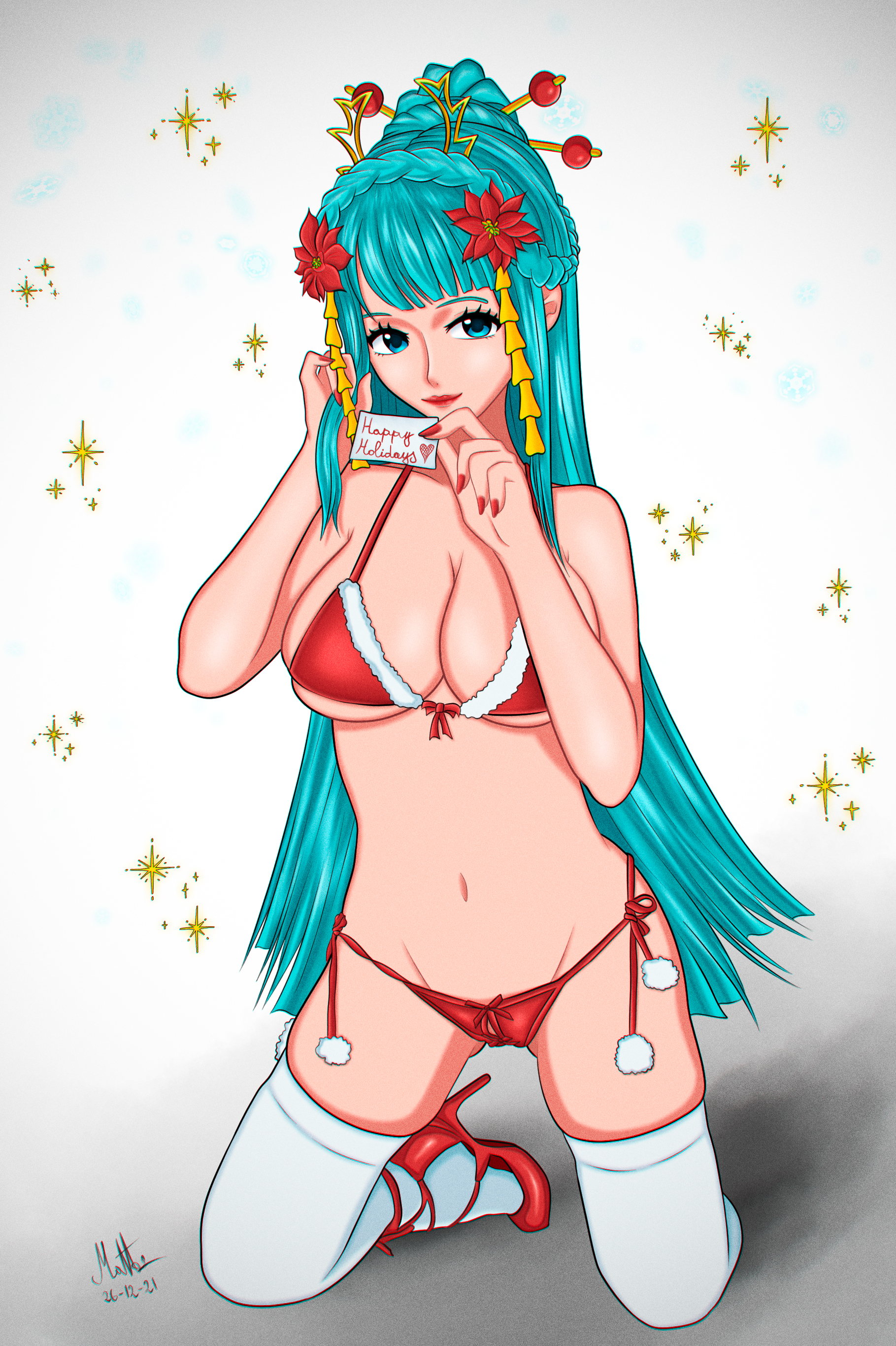 1girls, breasts, christmas outfit, female, female focus, female only, green hair, green-haired female, happy holidays, hiyozuki, kozuki hiyori, lingerie, one piece, red bikini, red heels, red lingerie, solo, solo female, wano country
