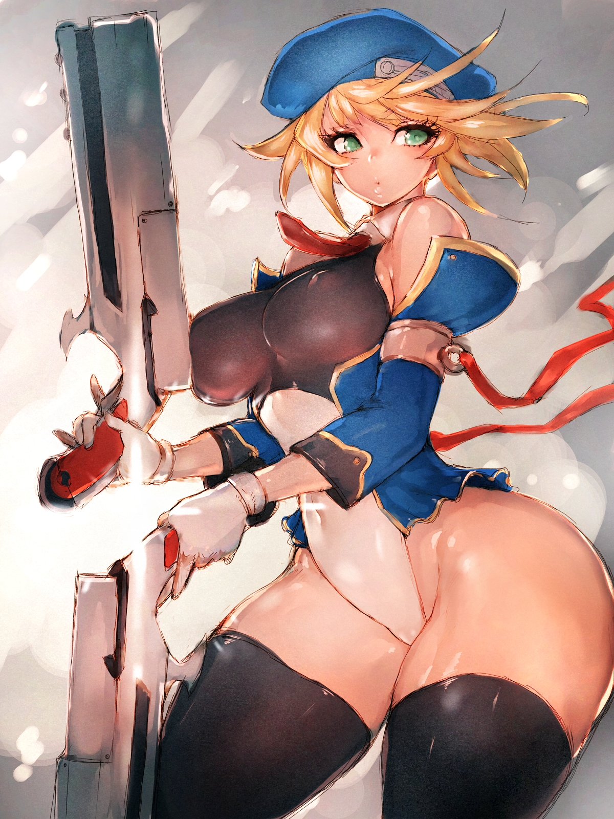 1girls, arc system works, bare shoulders, beret, big breasts, blazblue, blonde hair, breasts, cowboy shot, dual wielding, female, female only, fumio (rsqkr), gloves, green eyes, hat, headwear, large breasts, leotard, light skin, light-skinned female, noel vermillion, solo, solo female, tagme, thick thighs, thighhighs, thighs, white gloves