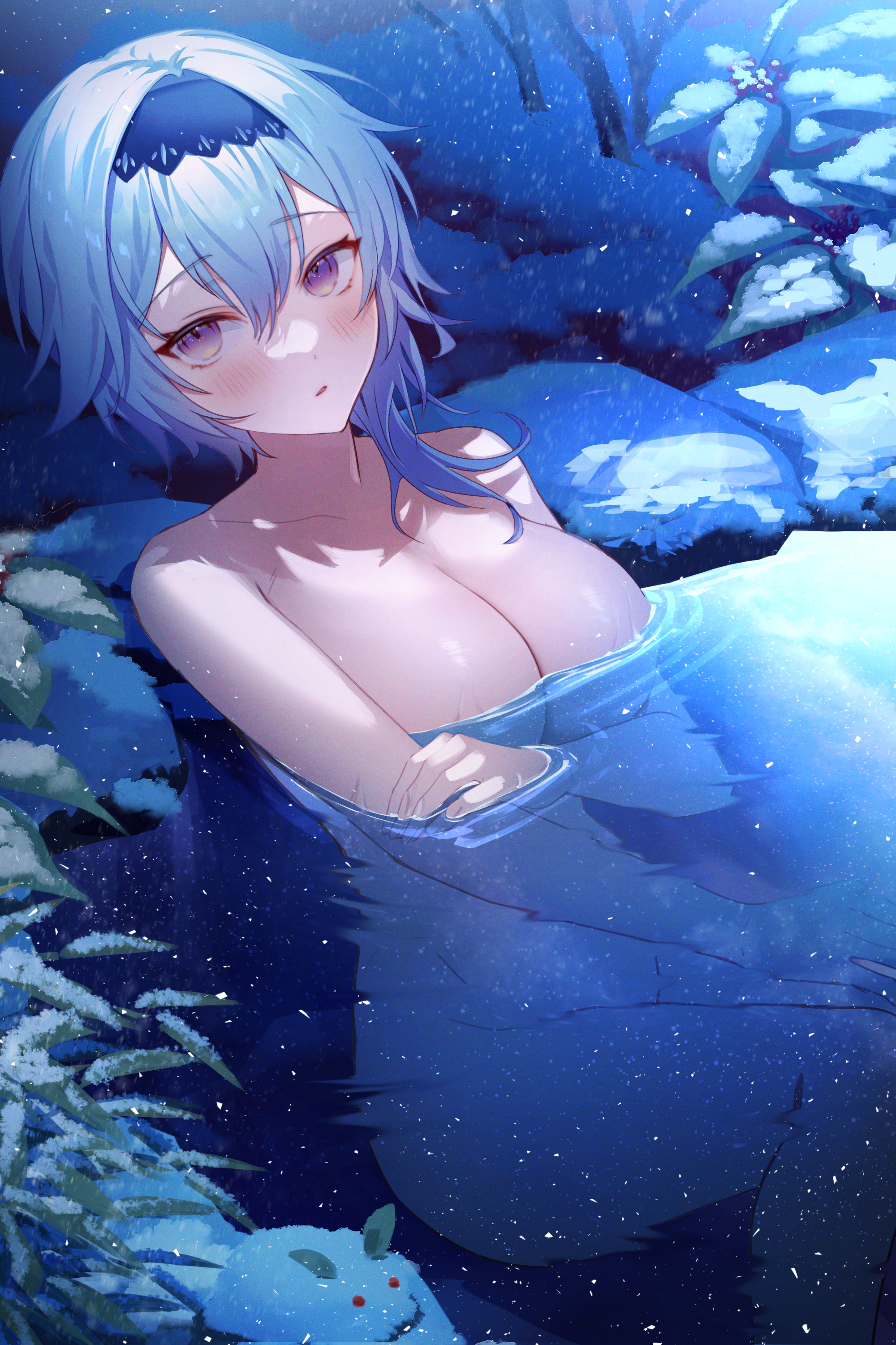 absurdres, bangs, bathing, black hairband, blue hair, blush, breasts, cleavage, commentary request, completely nude, convenient censoring, dega1028, eula (genshin impact), eyebrows visible through hair, female, genshin impact, hair between eyes, hairband, highres, holding own arm, large breasts, looking at viewer, medium hair, nude, parted lips, partially submerged, plant, purple eyes, sitting, snow, solo, water