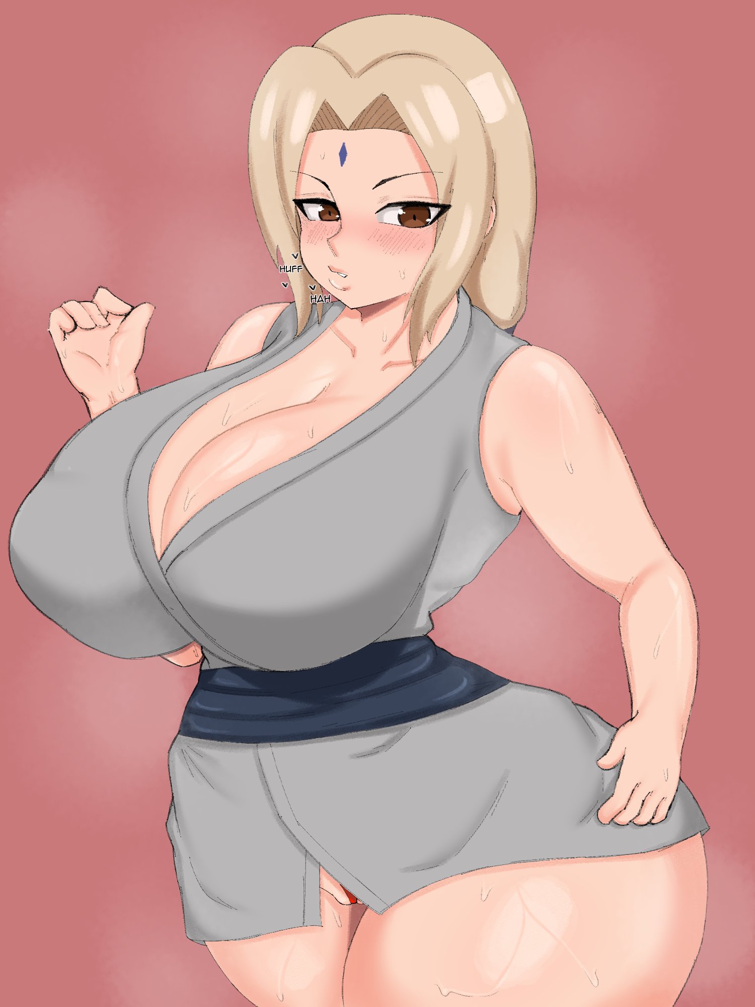 1girls, blonde, blonde hair, blush, blushing, breasts, brown eyes, cleavage, female, female focus, female only, forehead jewel, huge breasts, jewel on forehead, light skin, light-skinned female, looking at viewer, naruto, naruto (series), no pants, pale skin, pale-skinned female, panting, reecedantes, simple background, solo, solo female, solo focus, thick thighs, tsunade, wide hips