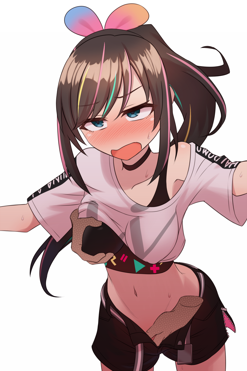 bangs black_bra black_choker black_shorts blonde_hair blue_eyes blush bra breast_grab breasts brown_hair choker crop_top disembodied_limb eyebrows_visible_through_hair female fingering grabbing grabbing_from_behind green_hair groping highres kizuna_ai kizuna_ai_inc. long_hair medium_breasts multicolored_hair navel no_nose nose_blush off-shoulder_shirt off_shoulder official_alternate_costume open_clothes open_mouth open_shorts organ_rn pink_hair ponytail shirt short_shorts short_sleeves shorts sports_bra stomach straight streaked_hair sweat swept_bangs underwear unzipped very_long_hair virtual_youtuber white_shirt zipper zipper_pull_tab