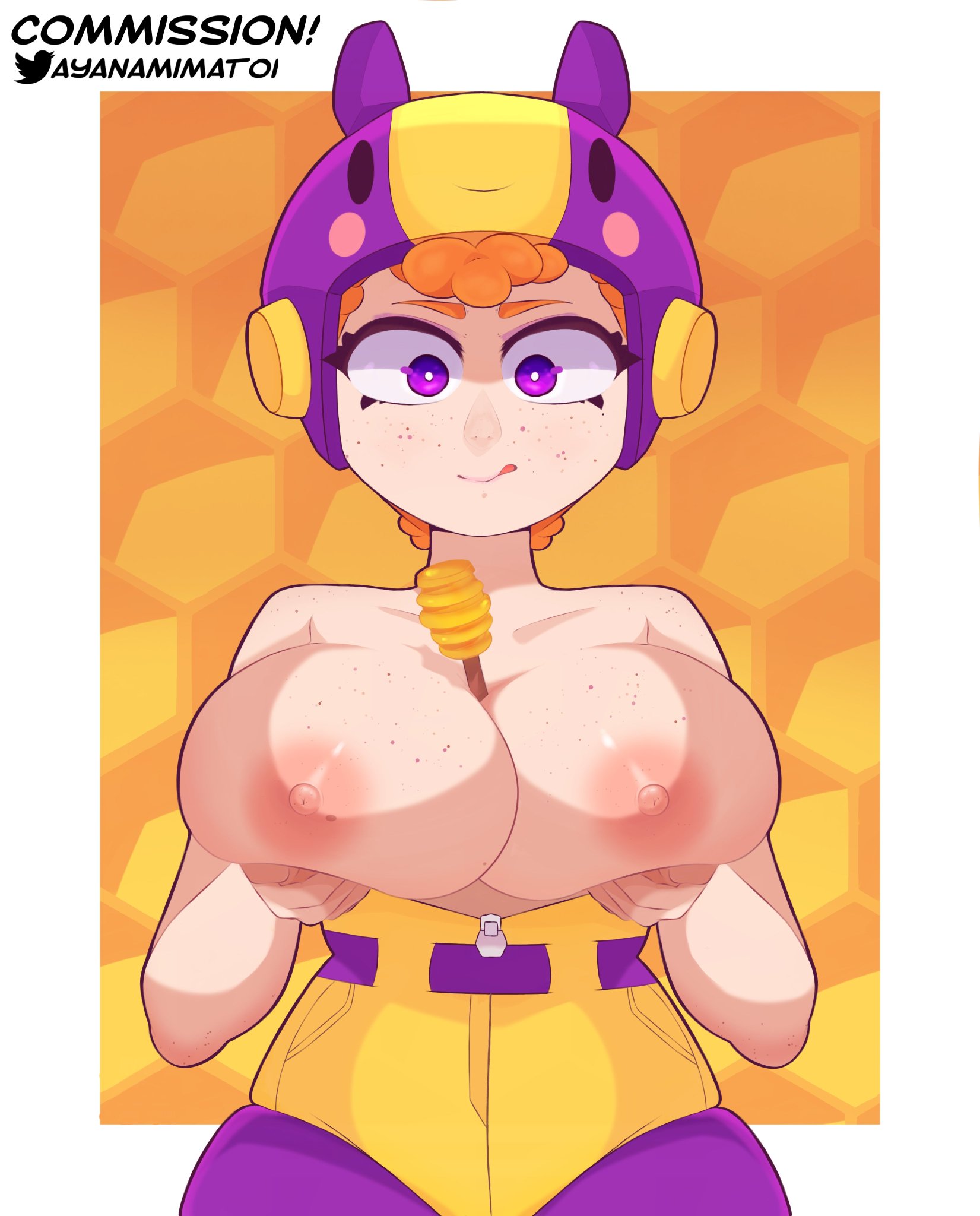 1girls, ayanamimatoi, bea (brawl stars), big breasts, brawl stars, breasts, breasts out, exposed breasts, female, female only, freckles, headwear, helmet, nipples, orange hair, purple eyes, tagme